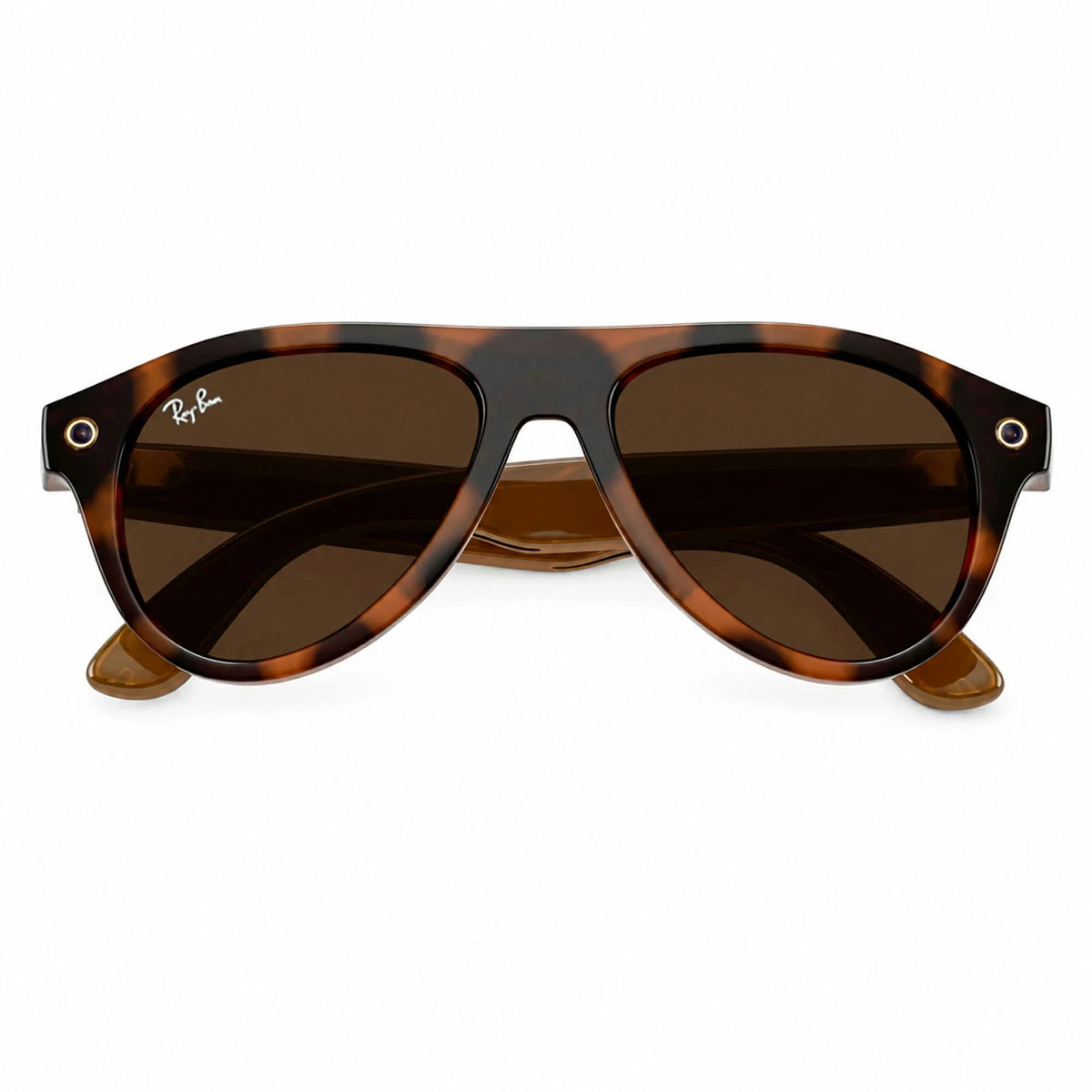 Ray-Ban Meta Aviator Gen 3 smart glasses, Havana frame with Transitions® Brown lenses, folded front view, Ray-Ban lens logo