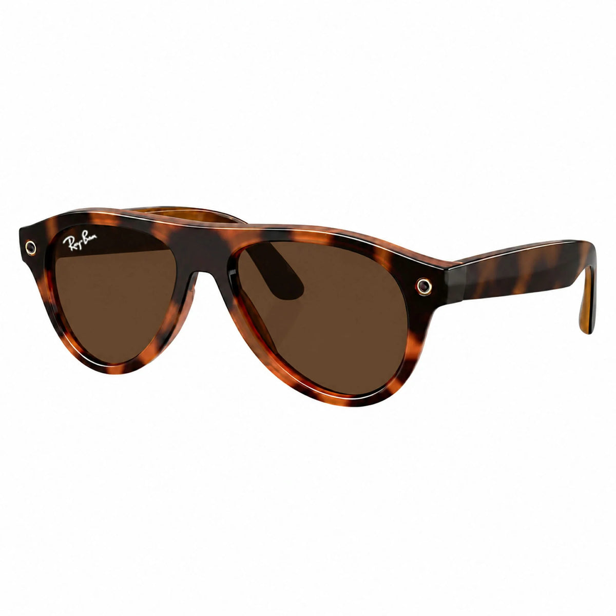 Ray-Ban Meta Aviator Gen 3 smart glasses, Havana frame with Transitions® Brown lenses, three-quarter view, Ray-Ban lens logo