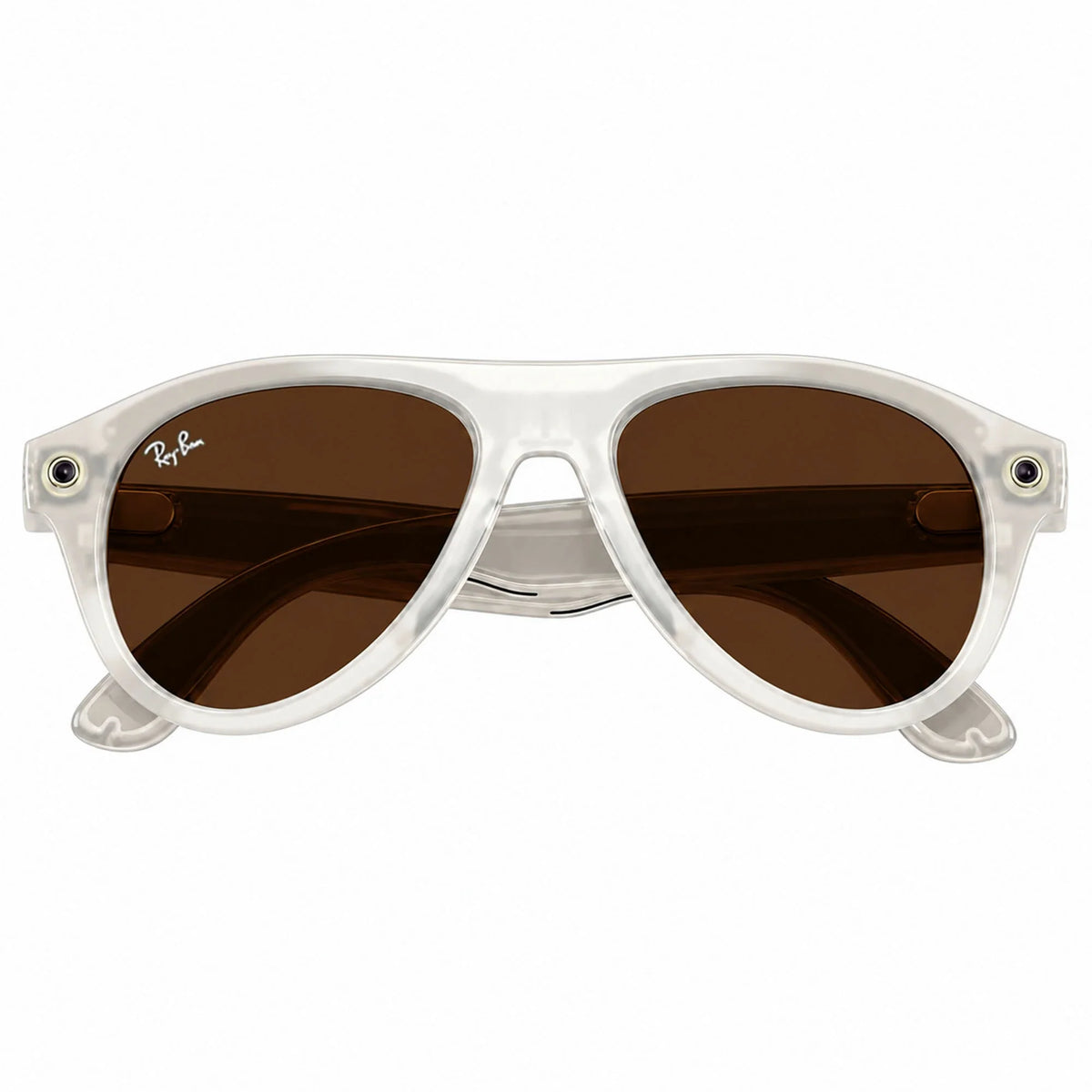 Ray-Ban Meta Aviator Gen 3 smart glasses, Milky Warm Beige frame with Transitions® Brown lenses, folded front view, Ray-Ban lens logo
