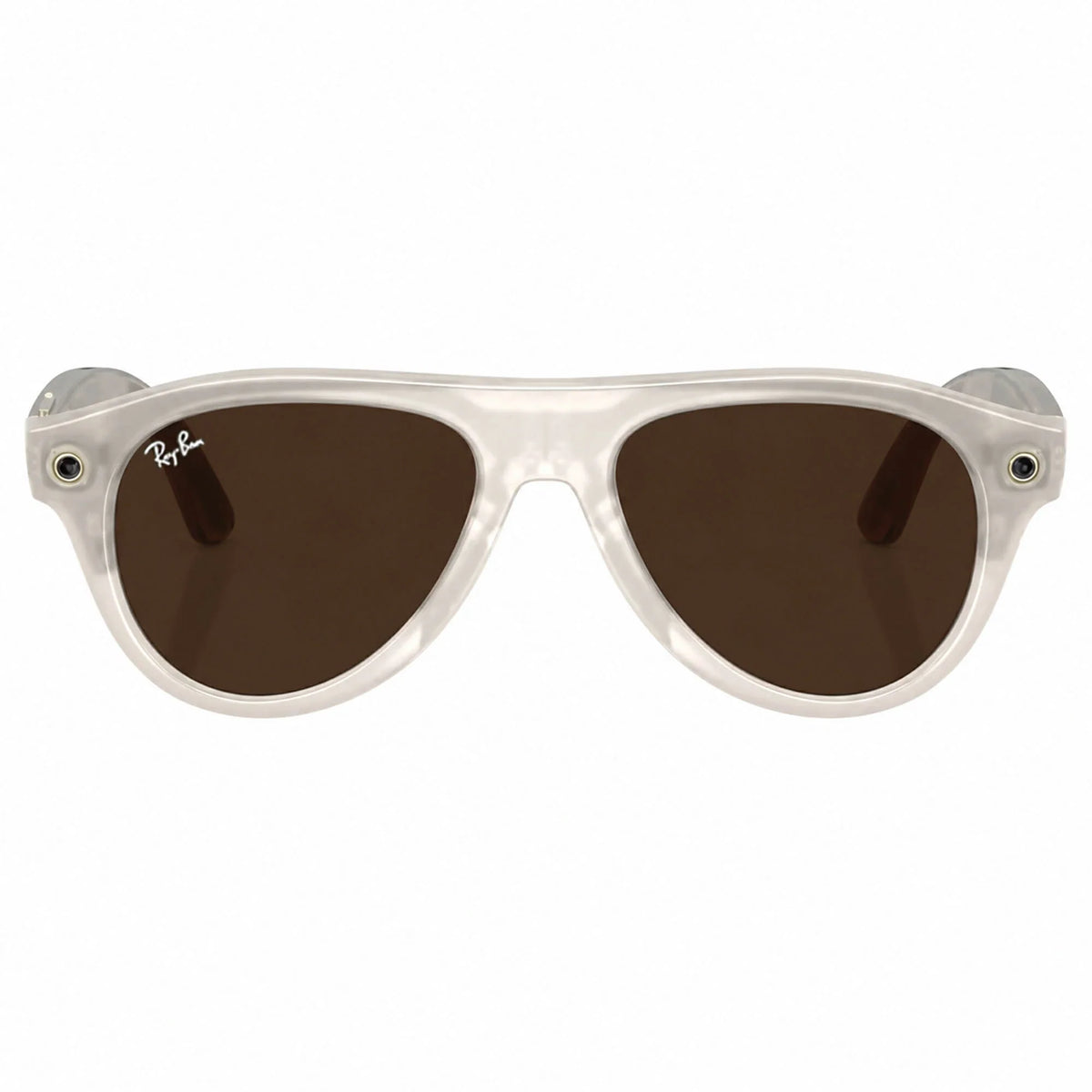 Ray-Ban Meta Aviator Gen 3 smart glasses, Milky Warm Beige frame with Transitions® Brown lenses, front view, Ray-Ban lens logo