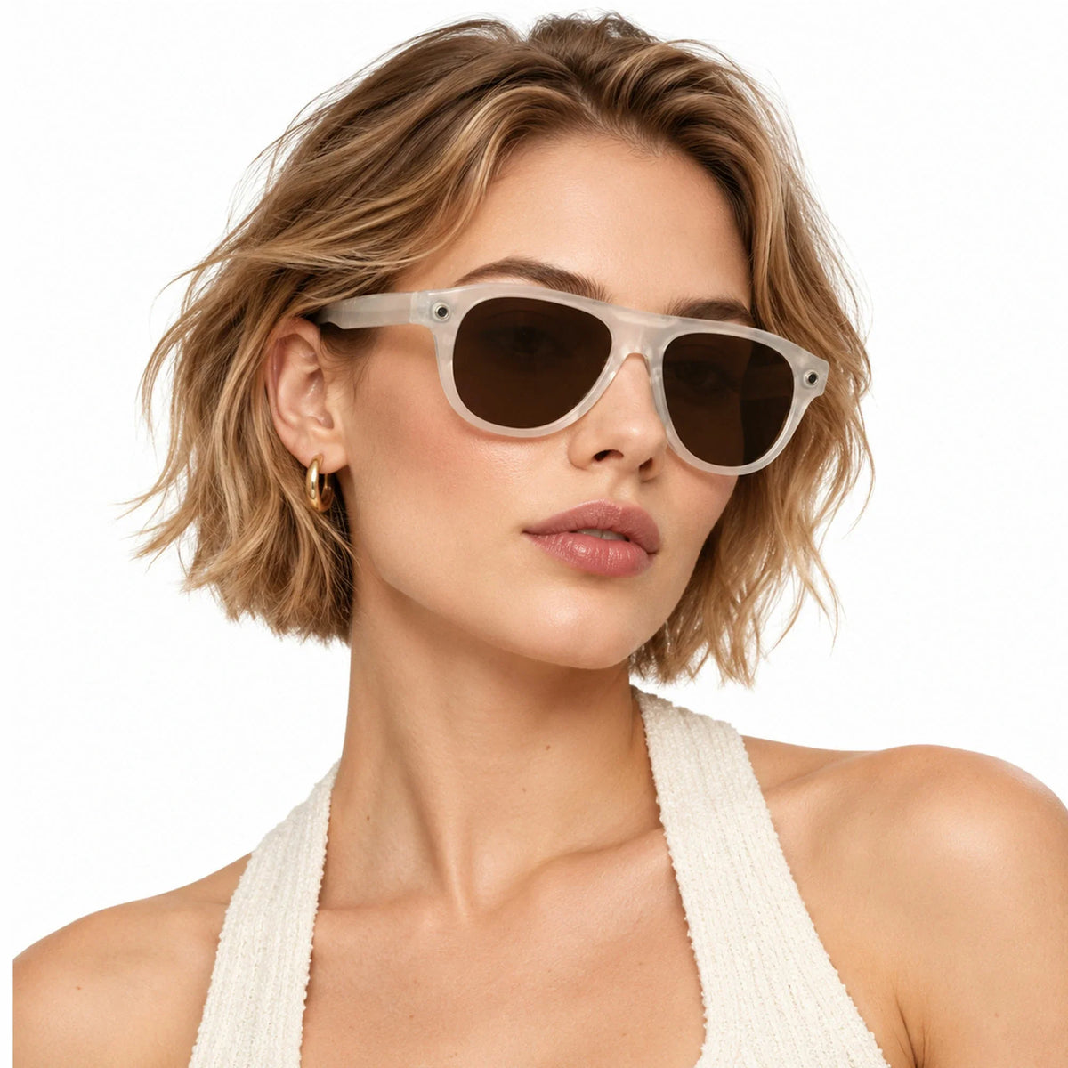 Ray-Ban Meta Aviator Gen 3 smart glasses, Milky Warm Beige frame with Transitions® Brown lenses, worn on model