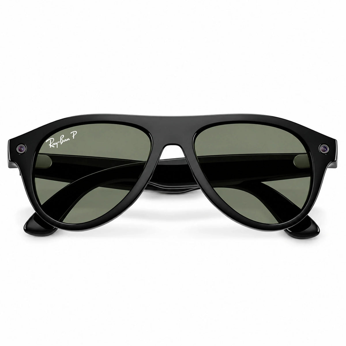 Ray-Ban Meta Aviator Gen 3 smart glasses, Shiny Black frame with Green lenses, folded front view, Ray-Ban lens logo