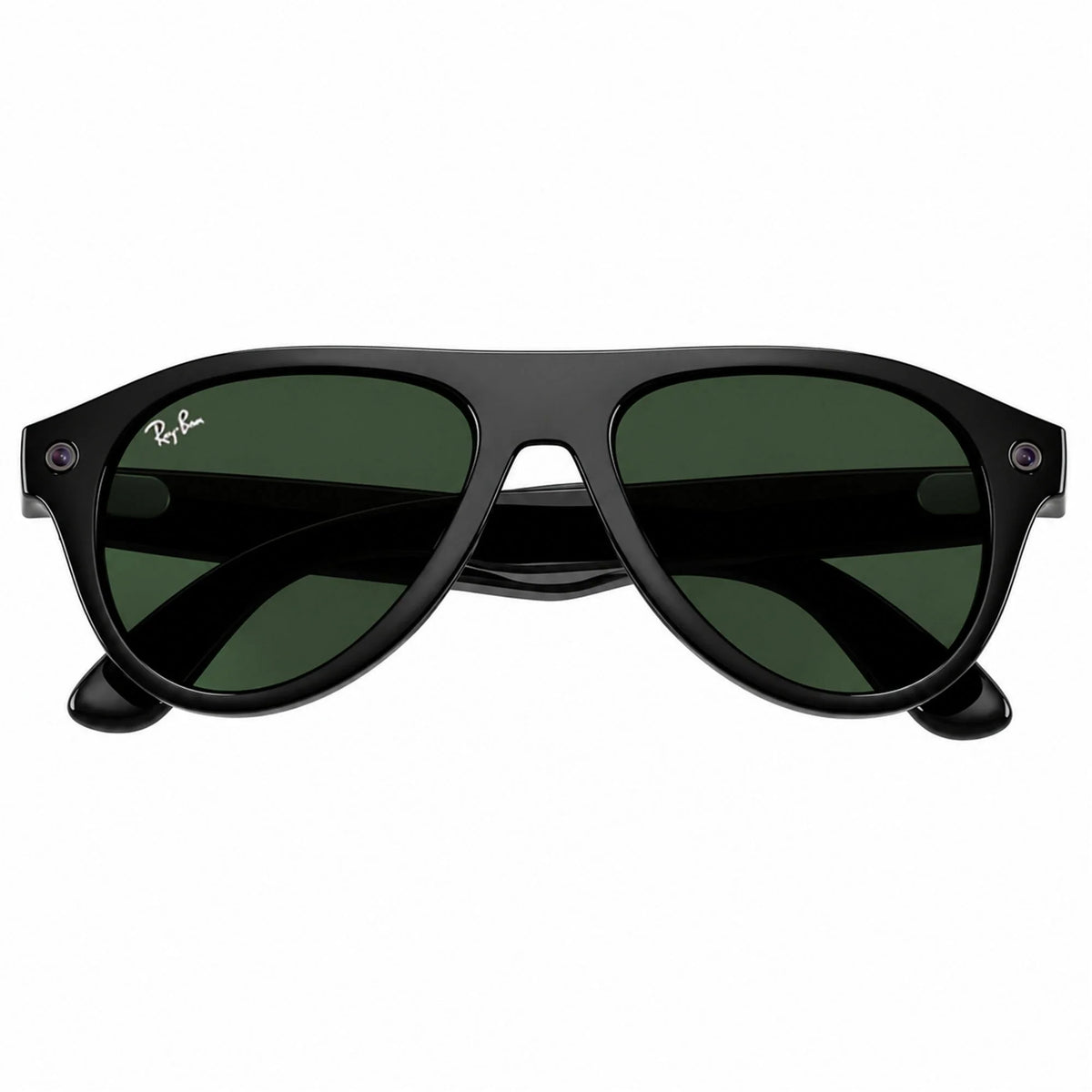 Ray-Ban Meta Aviator Gen 3 smart glasses, Shiny Black frame with Transitions® Graphite Green lenses, folded front view, Ray-Ban lens logo