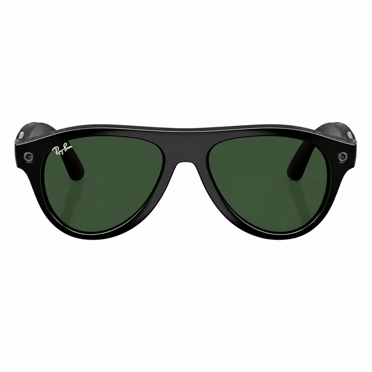 Ray-Ban Meta Aviator Gen 3 smart glasses, Shiny Black frame with Transitions® Graphite Green lenses, front view, Ray-Ban lens logo