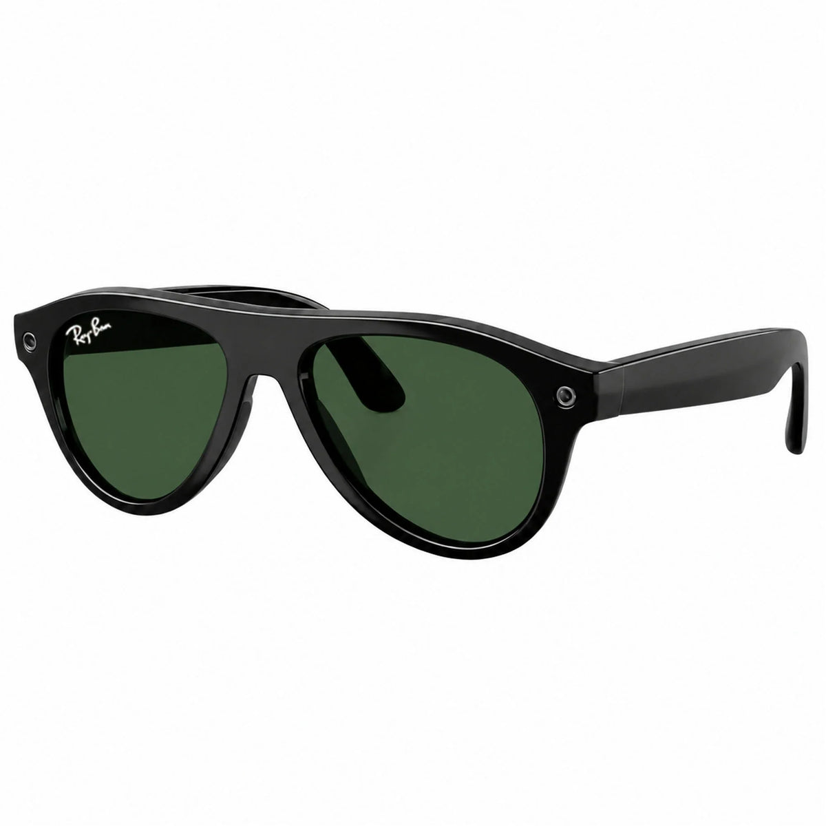 Ray-Ban Meta Aviator Gen 3 smart glasses, Shiny Black frame with Transitions® Graphite Green lenses, three-quarter view, Ray-Ban lens logo