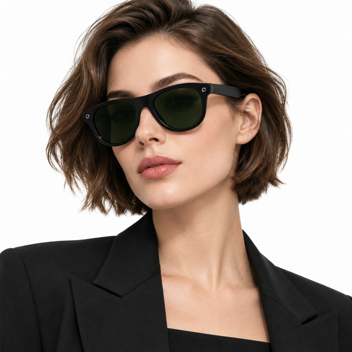 Ray-Ban Meta Aviator Gen 3 smart glasses, Shiny Black frame with Transitions® Graphite Green lenses, worn on model