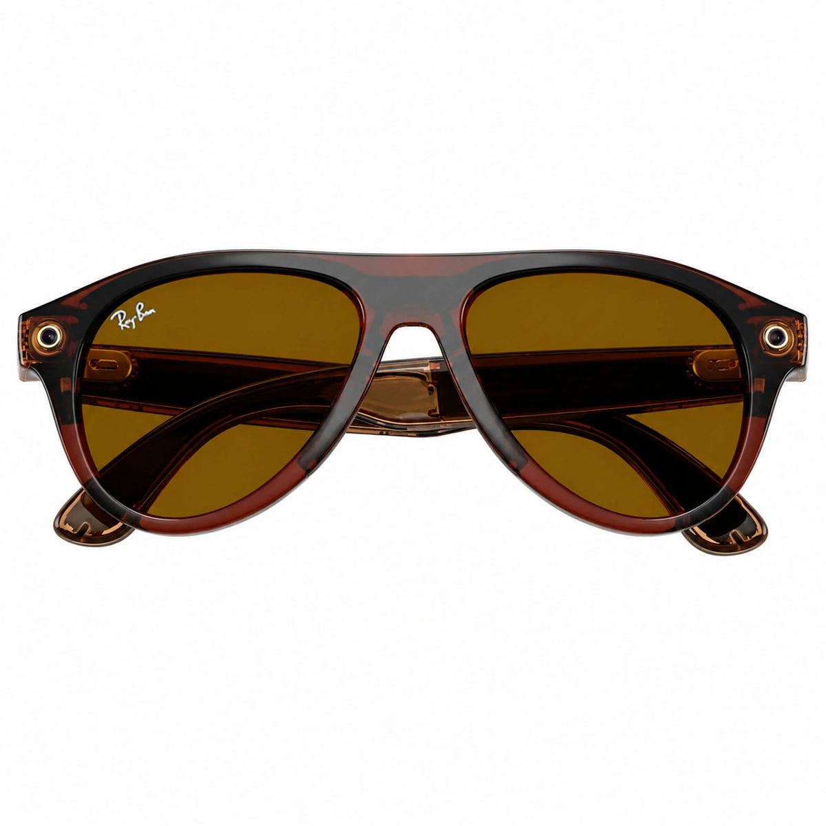 Ray-Ban Meta Aviator Gen 3 smart glasses, Transparent Umber frame with Transitions® Jade lenses, folded front view, Ray-Ban lens logo