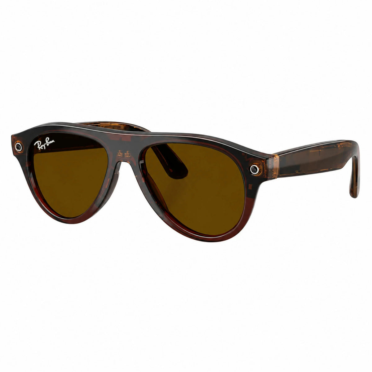 Ray-Ban Meta Aviator Gen 3 smart glasses, Transparent Umber frame with Transitions® Jade lenses, three-quarter view, Ray-Ban lens logo