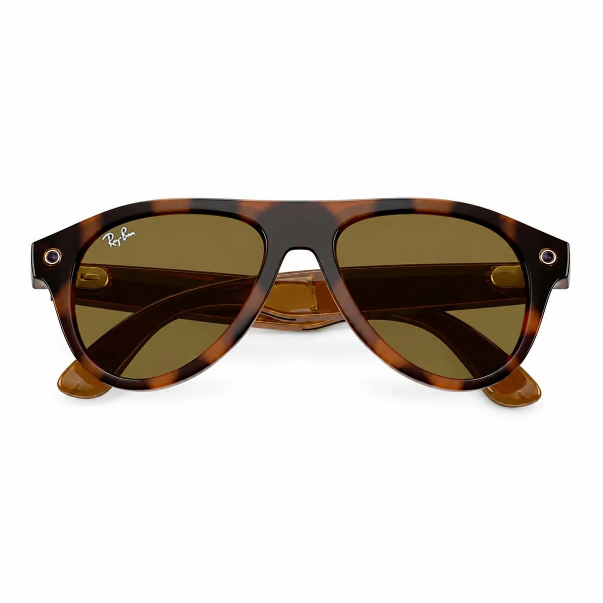 Ray-Ban Meta Aviator Gen 3 smart glasses, Havana frame with Brown lenses, folded front view, Ray-Ban lens logo