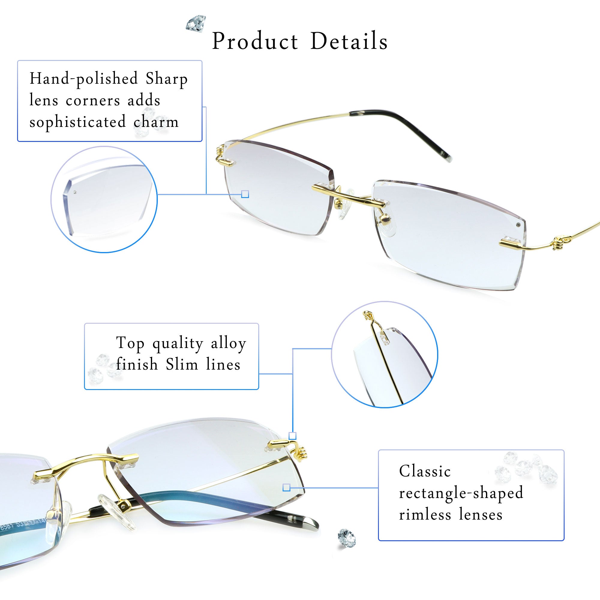 Cole Metal Rectangle Rimless glasses - LifeArtVision