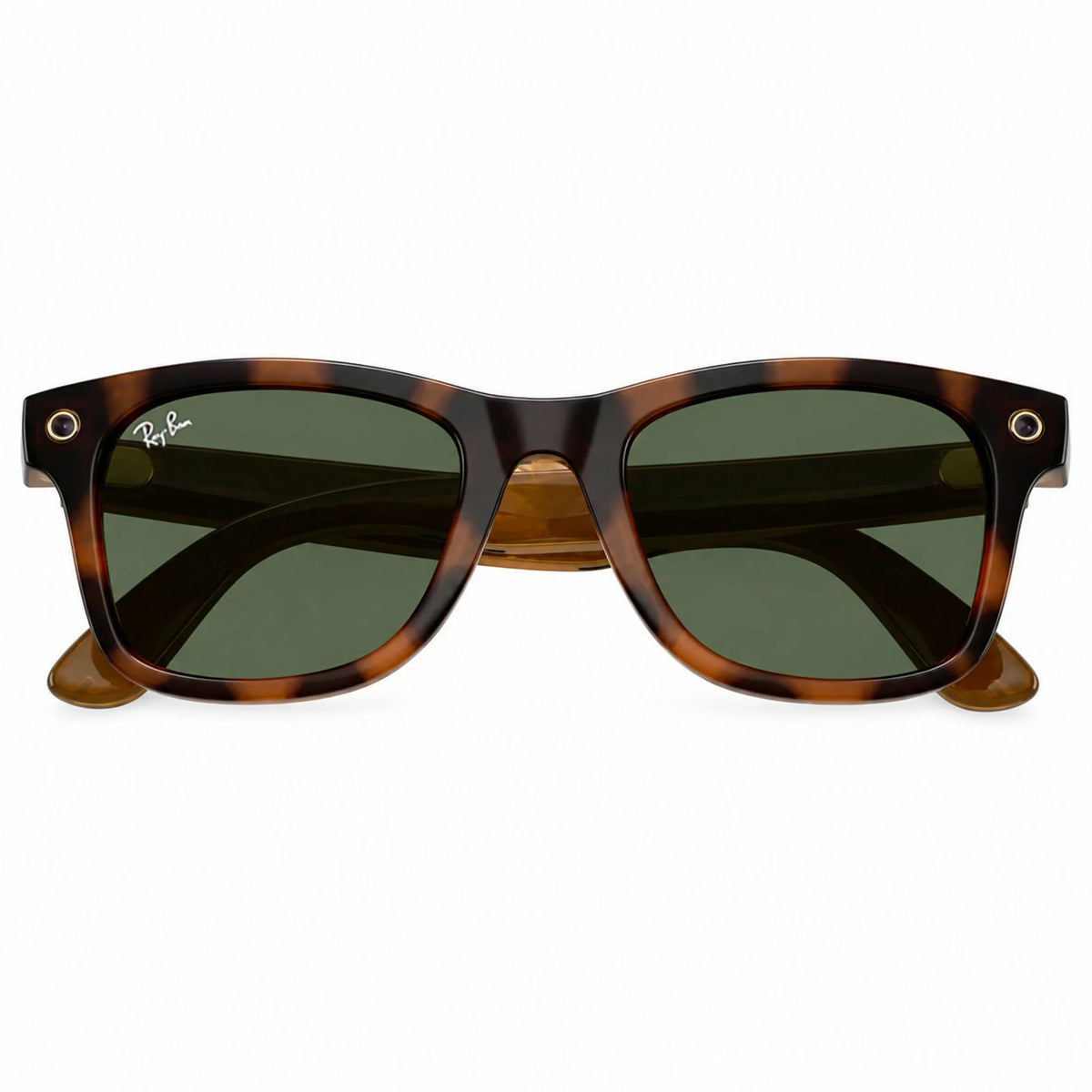 Ray-Ban Meta Wayfarer Gen 3 smart glasses, Havana frame with Green lenses, folded front view, Ray-Ban lens logo