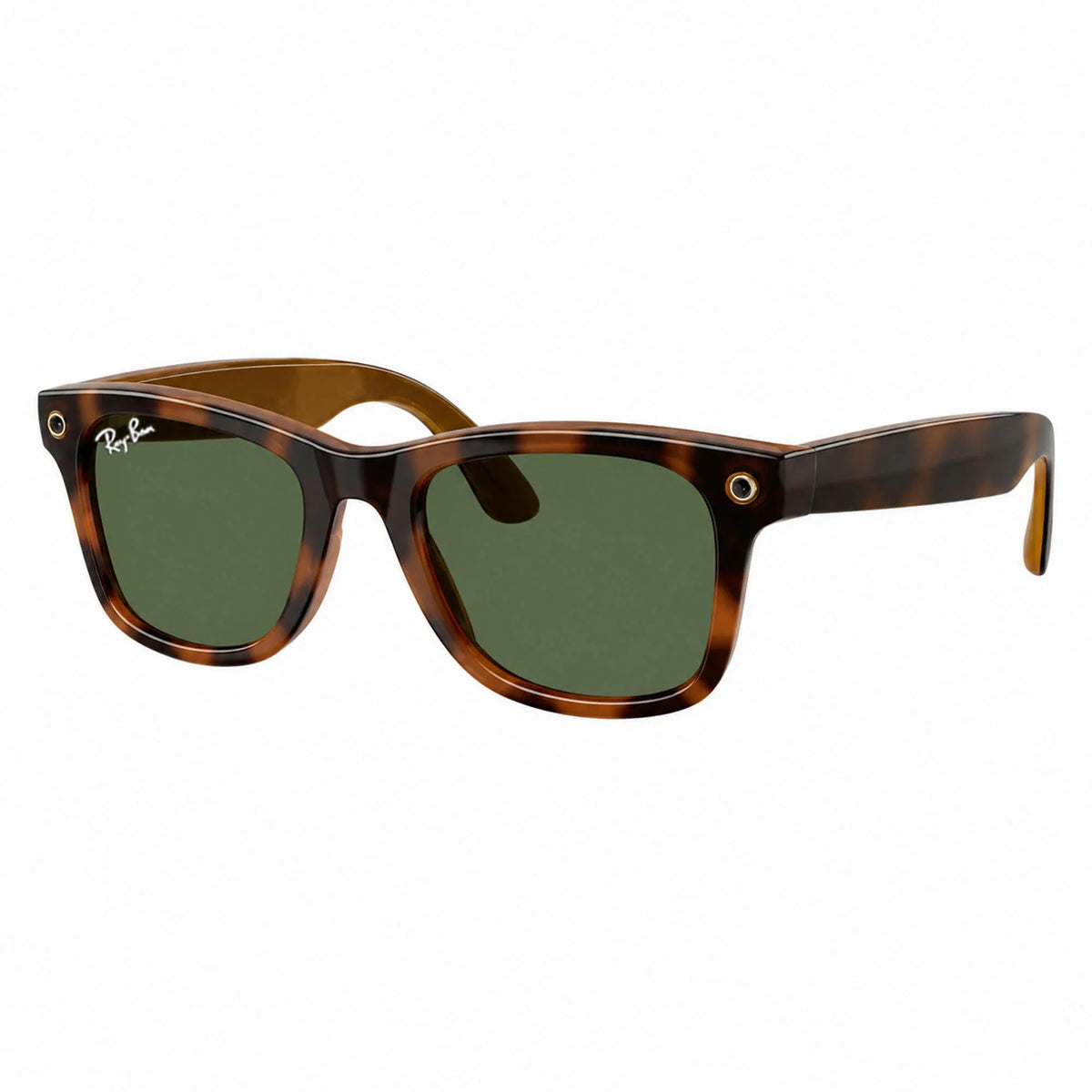 Ray-Ban Meta Wayfarer Gen 3 smart glasses, Havana frame with Green lenses, three-quarter view, Ray-Ban lens logo