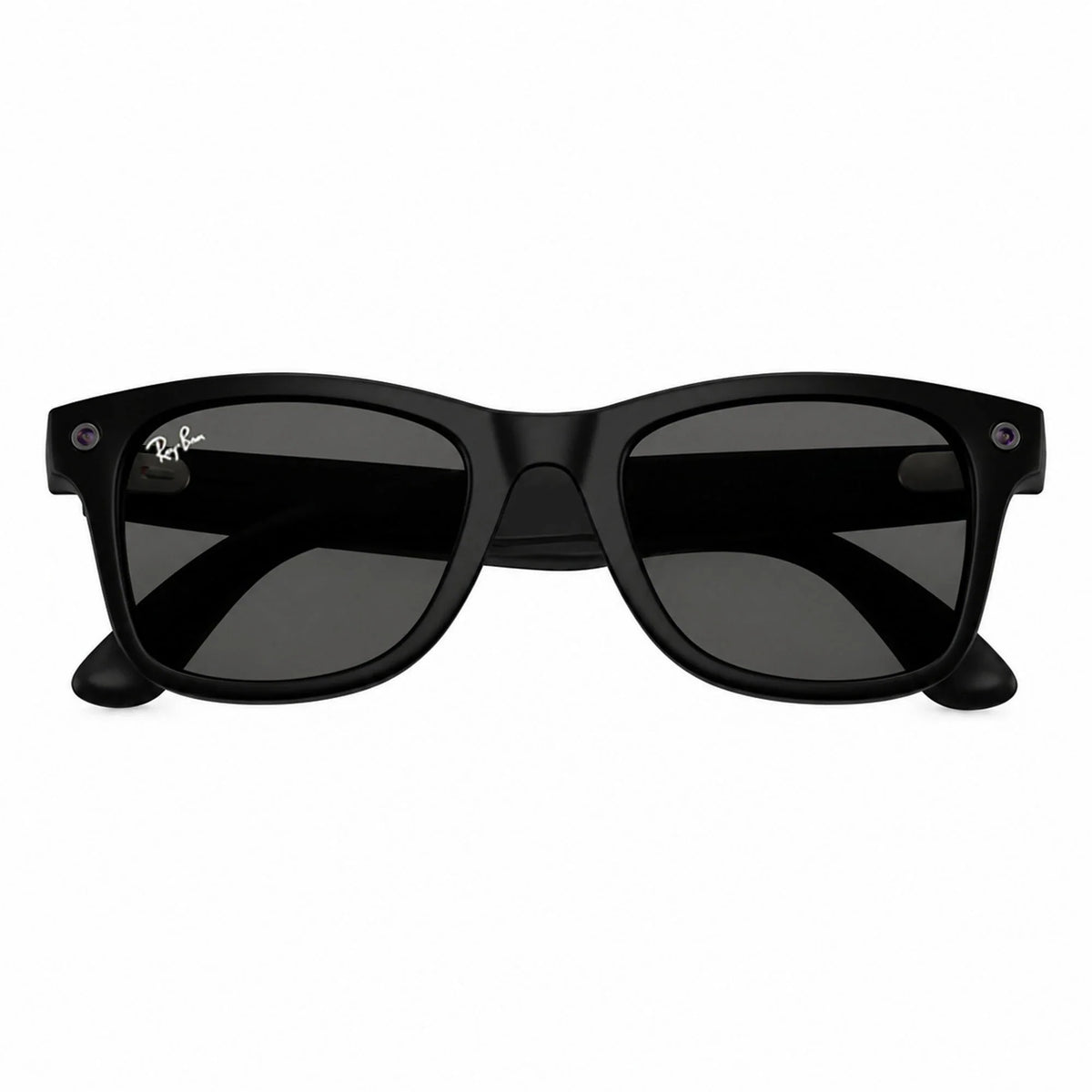 Ray-Ban Meta Wayfarer Gen 3 smart glasses, Matte Black frame with Grey lenses, folded front view, Ray-Ban lens logo