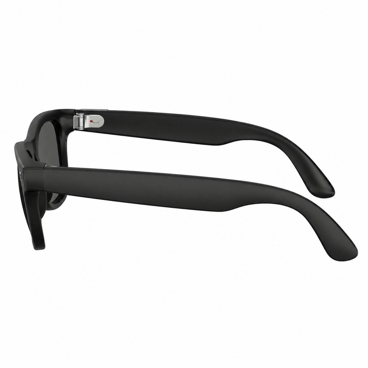 Ray-Ban Meta Wayfarer Gen 3 smart glasses, Matte Black frame with Grey lenses, side profile, Ray-Ban lens logo