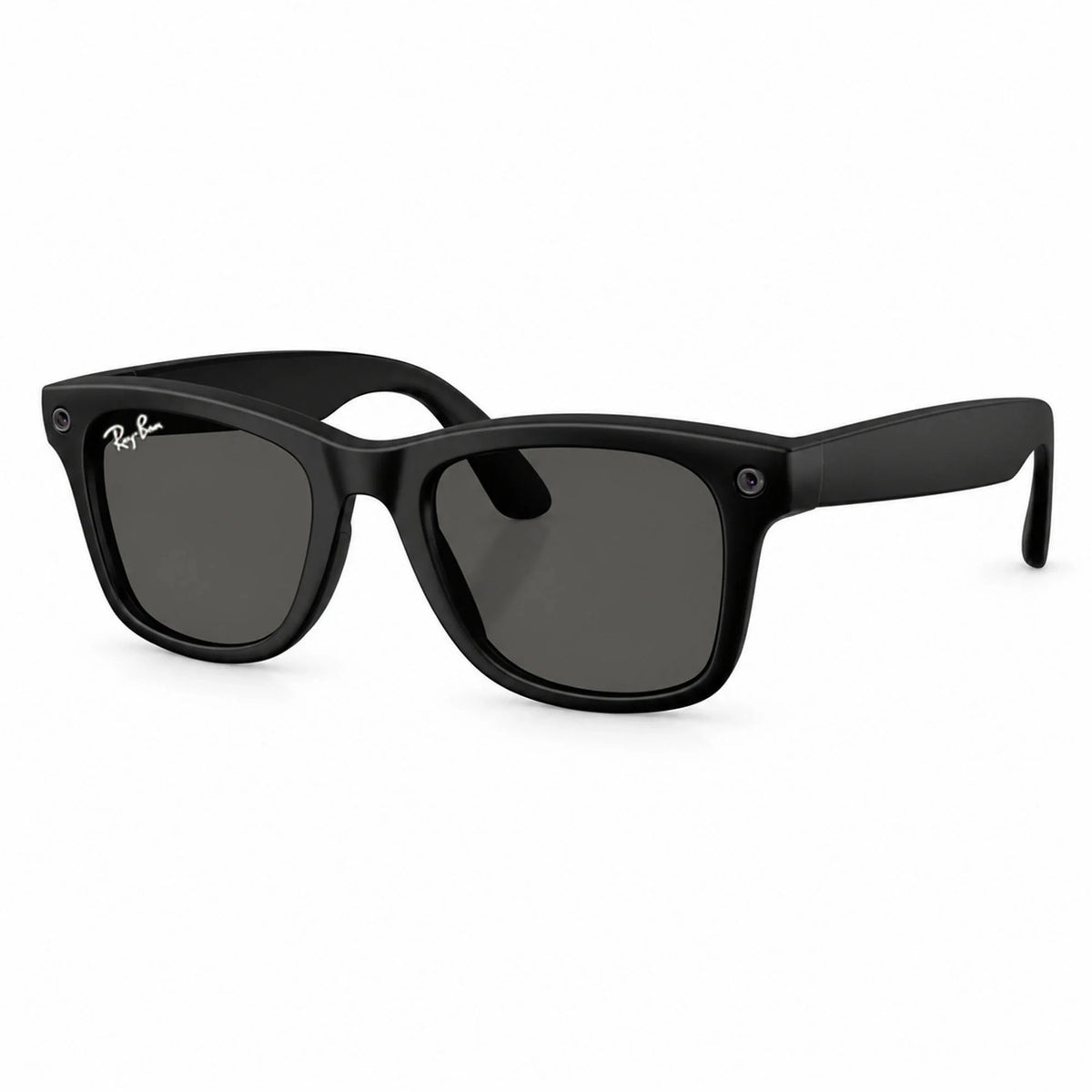 Ray-Ban Meta Wayfarer Gen 3 smart glasses, Matte Black frame with Grey lenses, three-quarter view, Ray-Ban lens logo