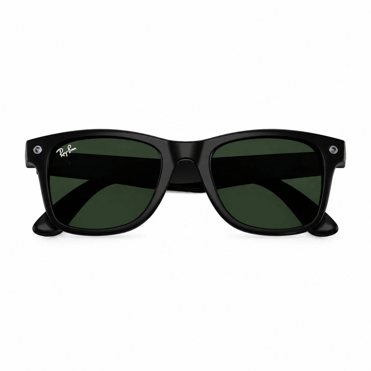 Ray-Ban Meta Wayfarer Gen 3 smart glasses, Matte Black frame with Transitions® Graphite Green lenses, folded front view, Ray-Ban lens logo