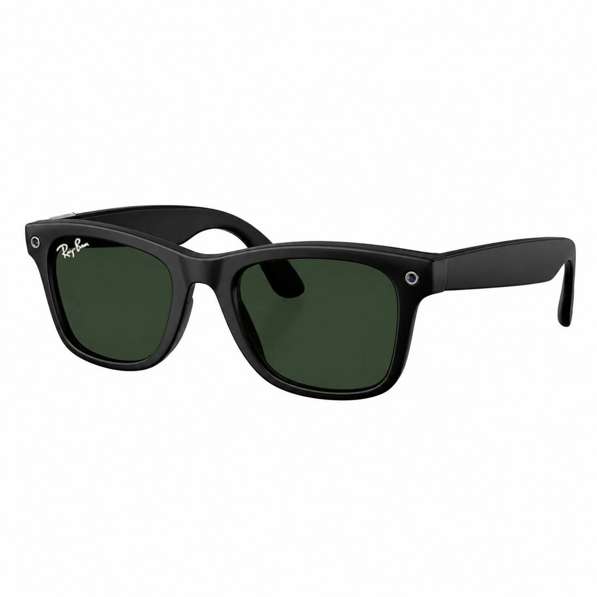 Ray-Ban Meta Wayfarer Gen 3 smart glasses, Matte Black frame with Transitions® Graphite Green lenses, three-quarter view, Ray-Ban lens logo