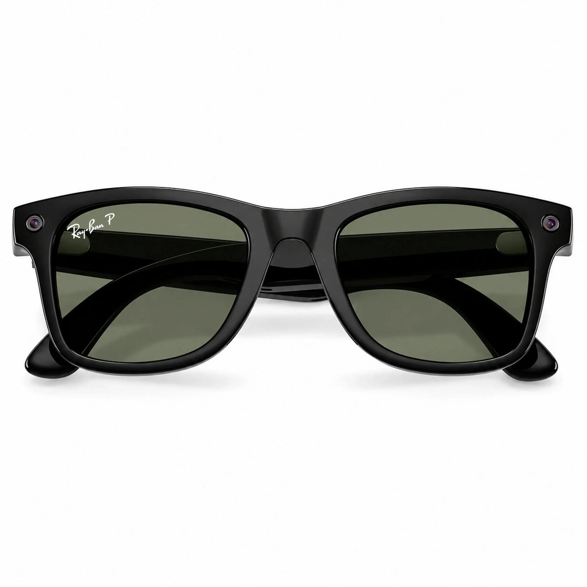 Ray-Ban Meta Wayfarer Gen 3 smart glasses, Shiny Black frame with Green lenses, folded front view, Ray-Ban lens logo