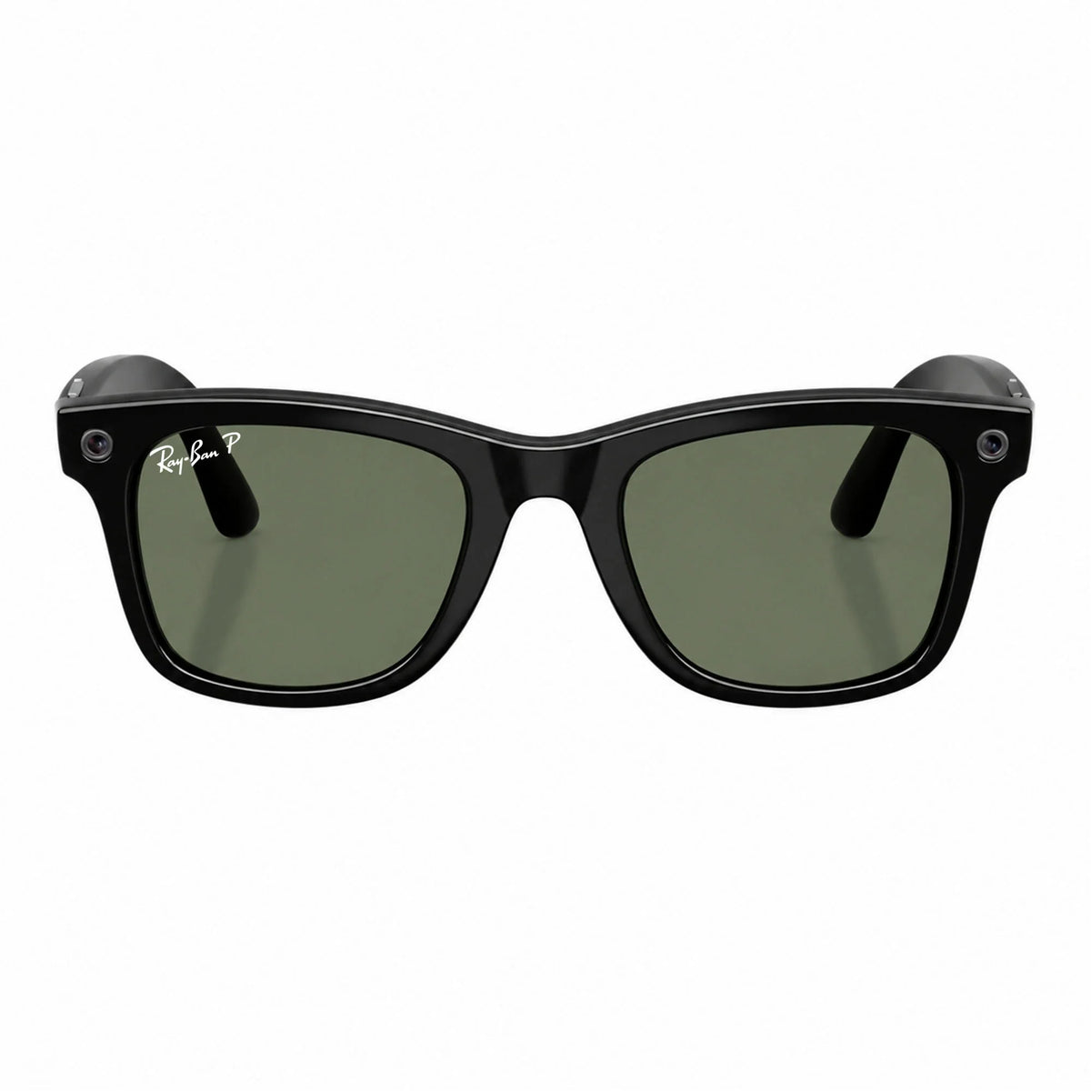 Ray-Ban Meta Wayfarer Gen 3 smart glasses, Shiny Black frame with Green lenses, front view, Ray-Ban lens logo