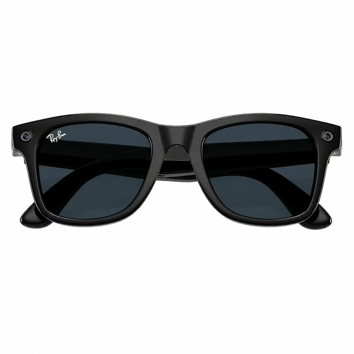 Ray-Ban Meta Wayfarer Gen 3 smart glasses, Shiny Black frame with Transitions® Grey lenses, folded front view, Ray-Ban lens logo