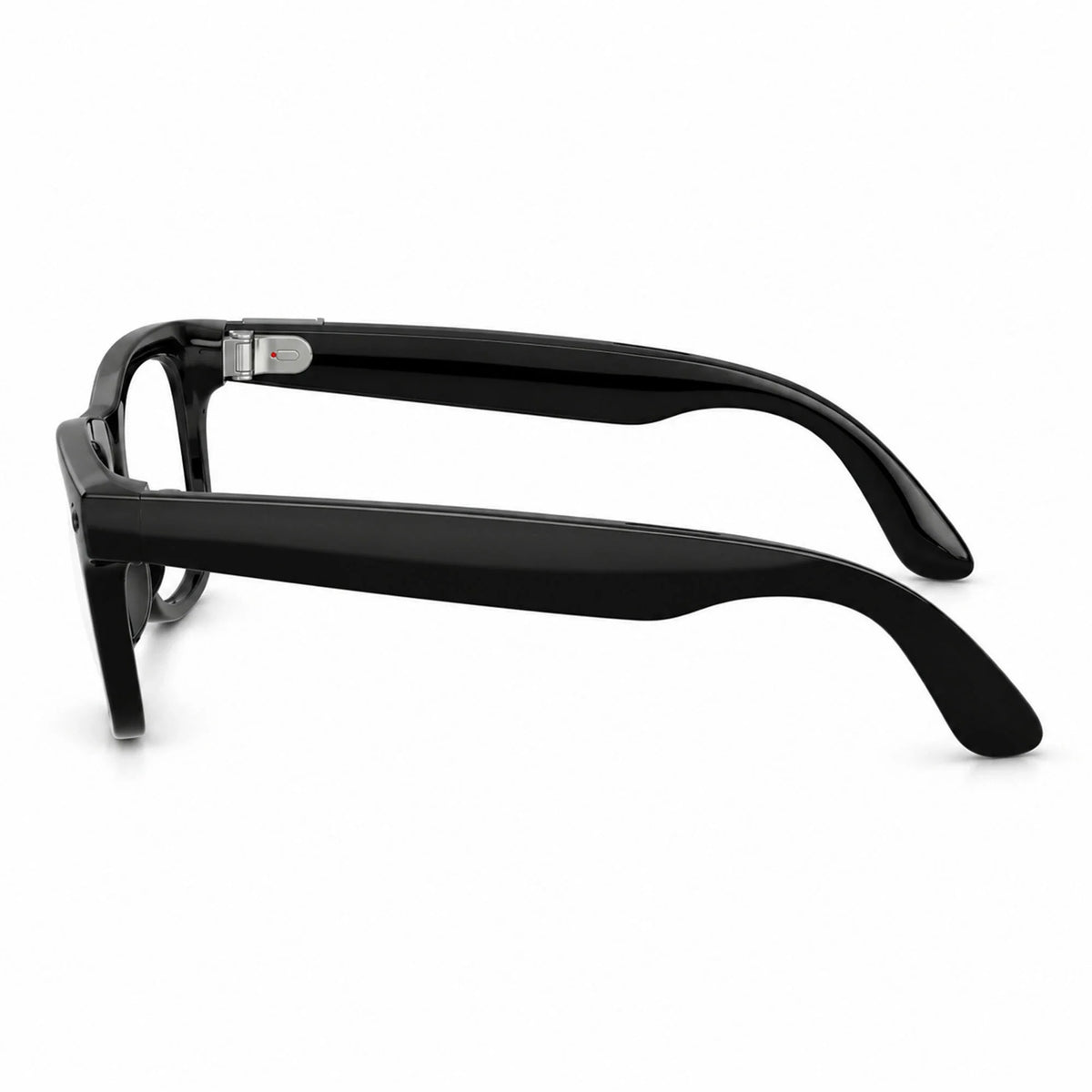 Ray-Ban Meta Wayfarer Gen 3 smart glasses, Shiny Black frame with Transitions® Grey lenses, side profile, Ray-Ban lens logo