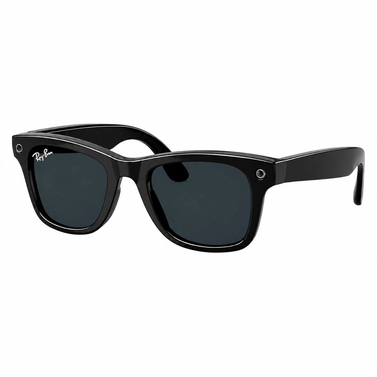 Ray-Ban Meta Wayfarer Gen 3 smart glasses, Shiny Black frame with Transitions® Grey lenses, three-quarter view, Ray-Ban lens logo