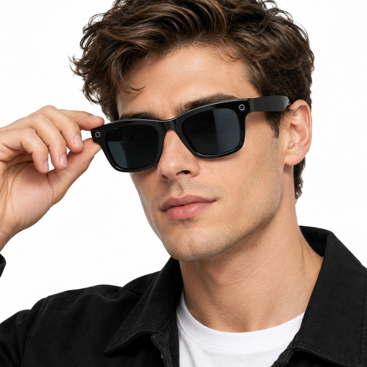 Ray-Ban Meta Wayfarer Gen 3 smart glasses, Shiny Black frame with Transitions® Grey lenses, worn on model