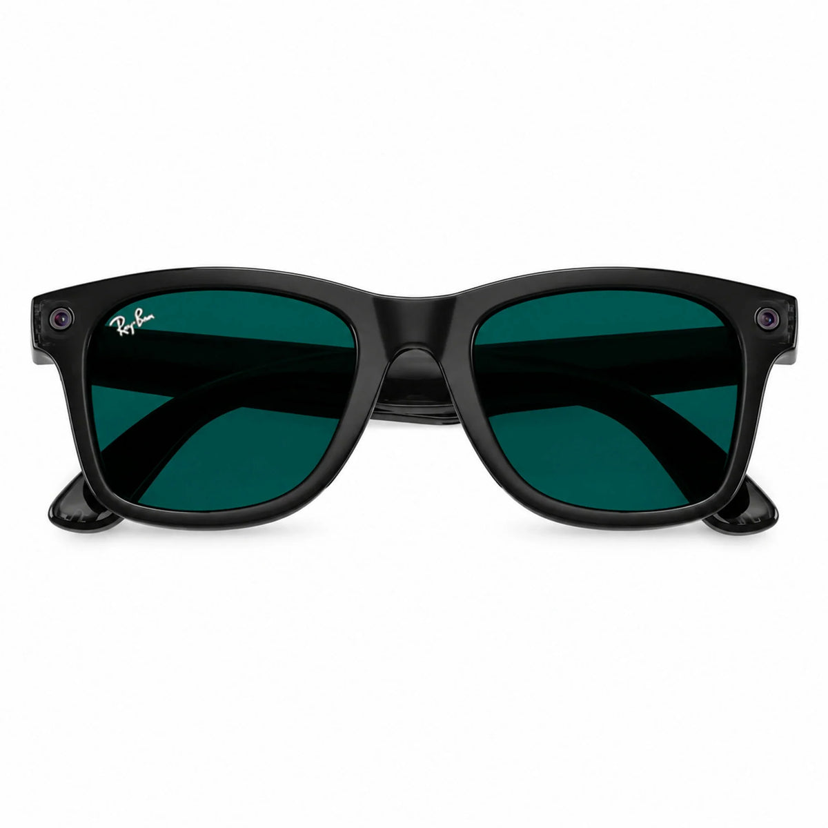 Ray-Ban Meta Wayfarer Gen 3 smart glasses, Transparent Black frame with Transitions® Aquamarine lenses, folded front view, Ray-Ban lens logo