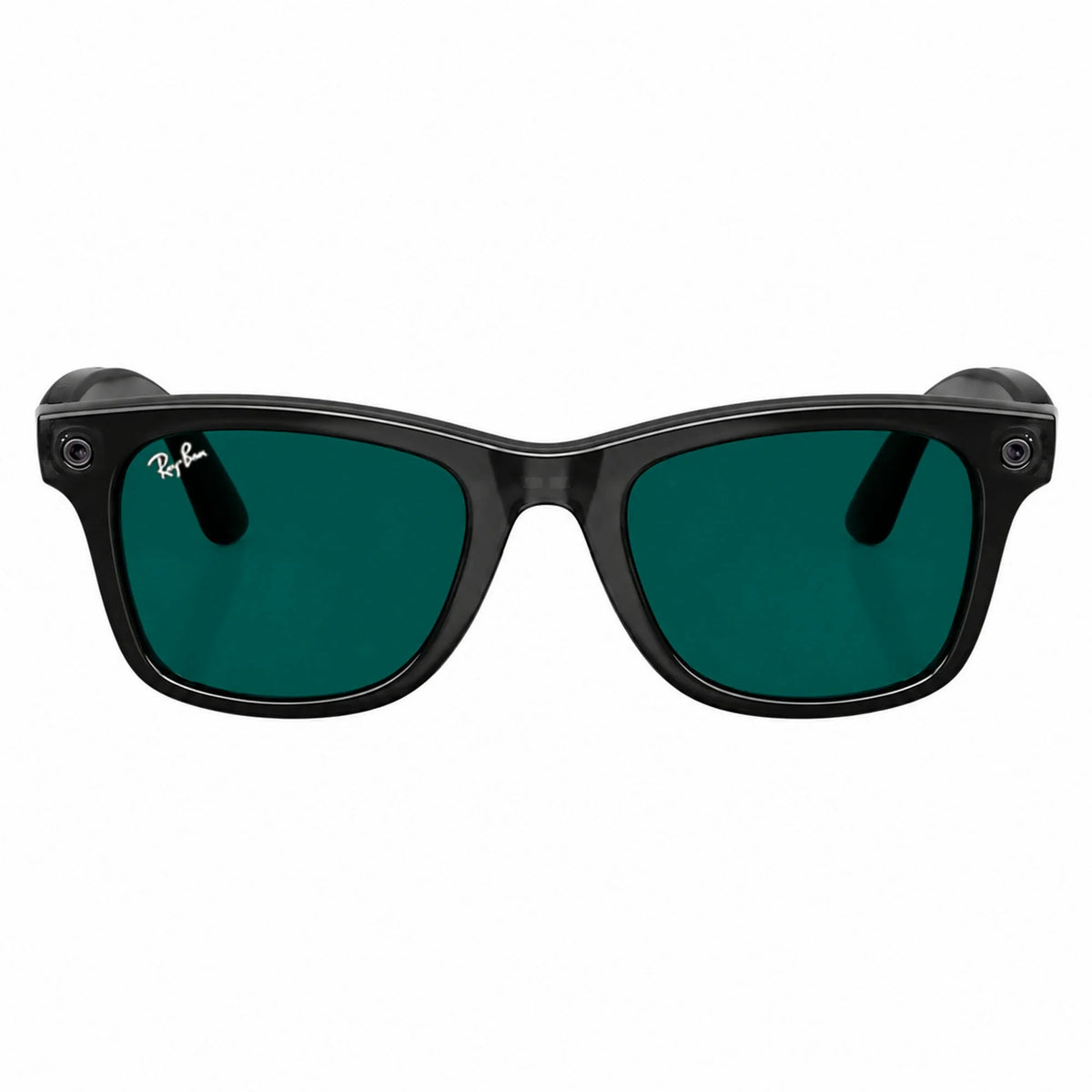 Ray-Ban Meta Wayfarer Gen 3 smart glasses, Transparent Black frame with Transitions® Aquamarine lenses, front view, Ray-Ban lens logo