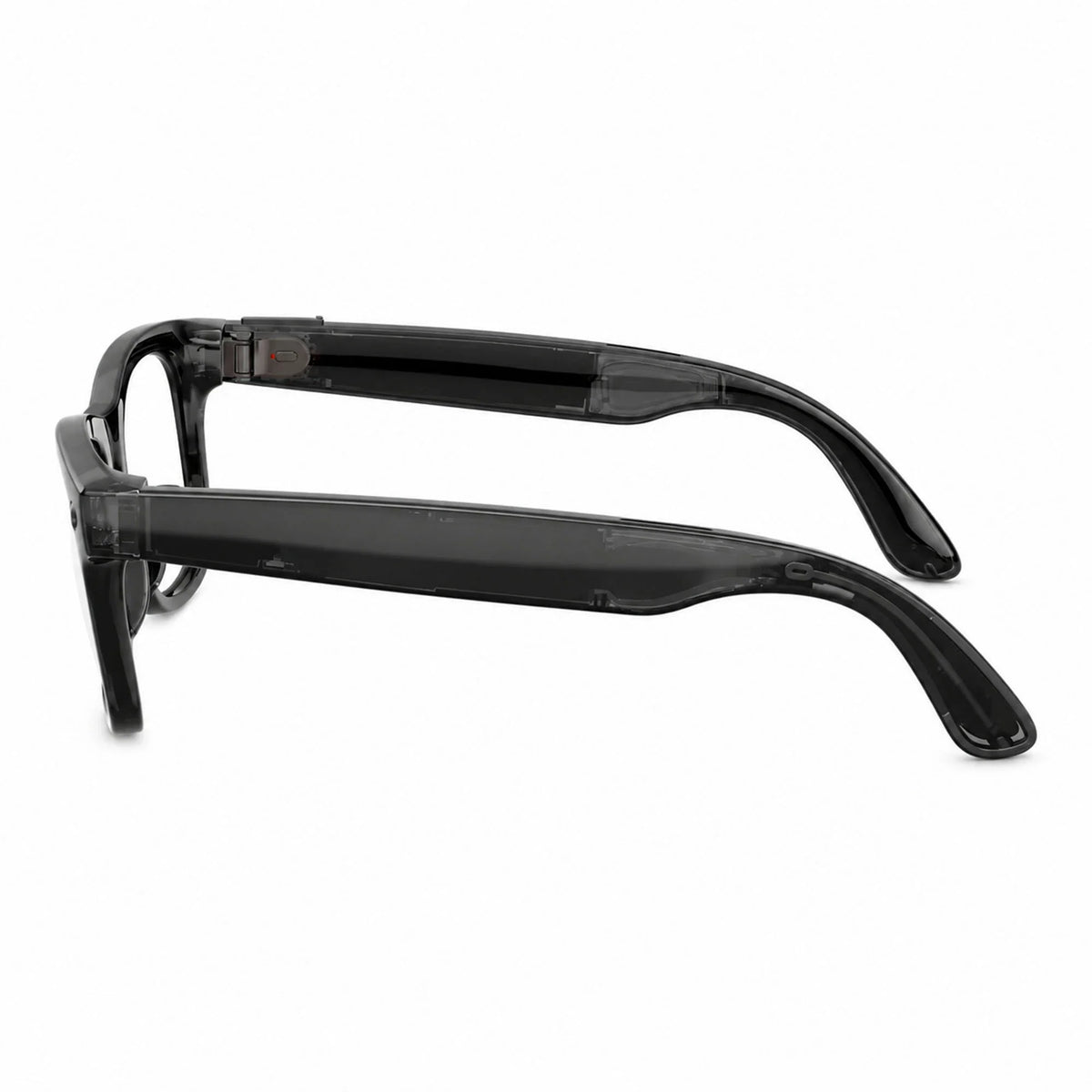 Ray-Ban Meta Wayfarer Gen 3 smart glasses, Transparent Black frame with Transitions® Aquamarine lenses, side profile, Ray-Ban lens logo