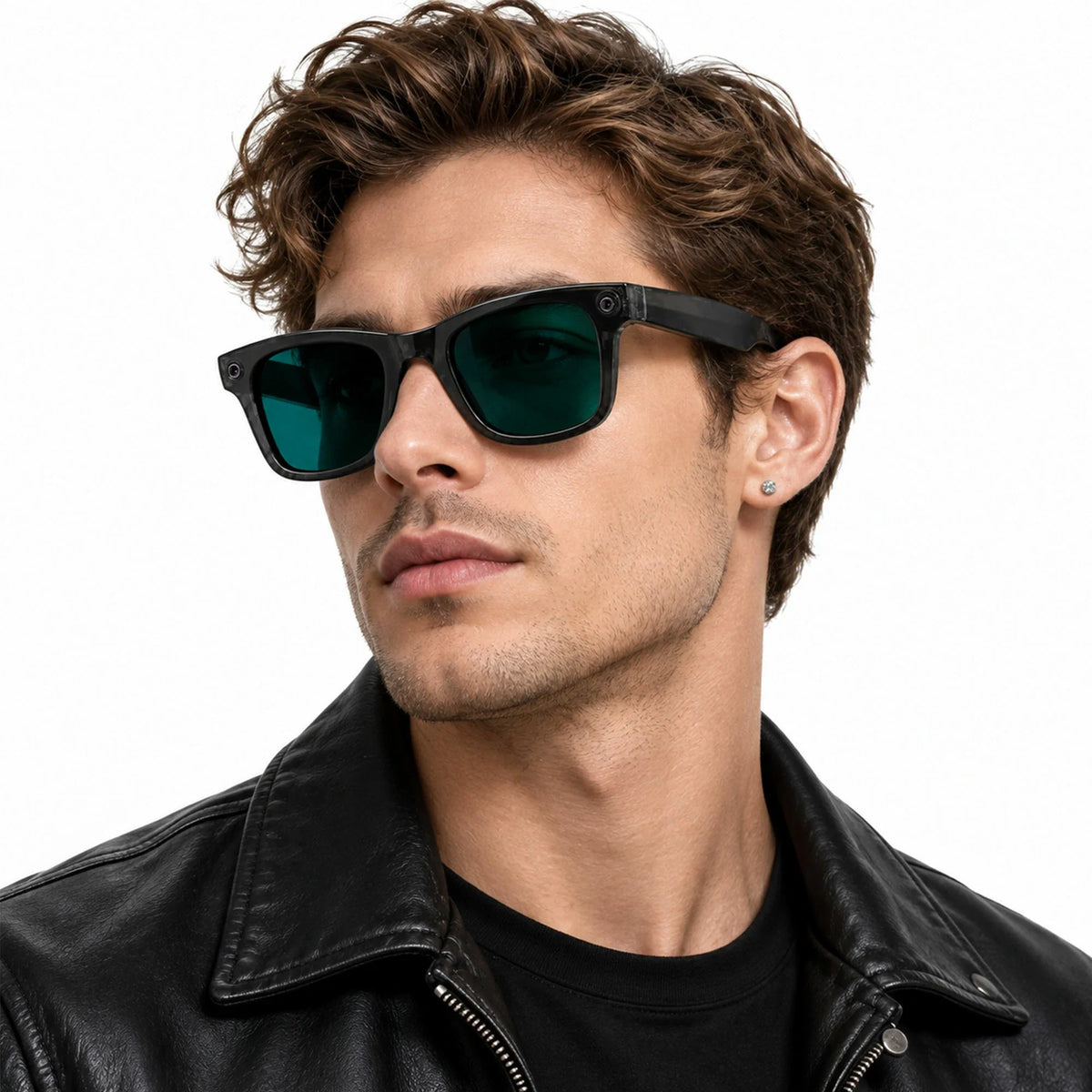 Ray-Ban Meta Wayfarer Gen 3 smart glasses, Transparent Black frame with Transitions® Aquamarine lenses, worn on model