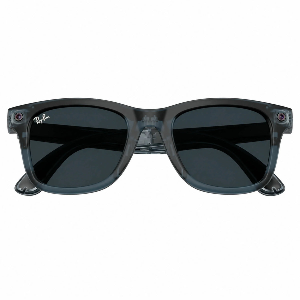 Ray-Ban Meta Wayfarer Gen 3 smart glasses, Transparent Matte Ocean Blue frame with Transitions® Grey lenses, folded front view, Ray-Ban lens logo