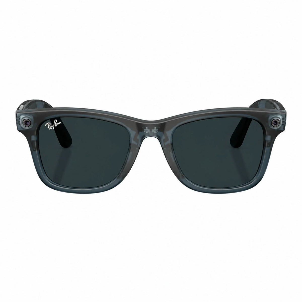 Ray-Ban Meta Wayfarer Gen 3 smart glasses, Transparent Matte Ocean Blue frame with Transitions® Grey lenses, front view, Ray-Ban lens logo