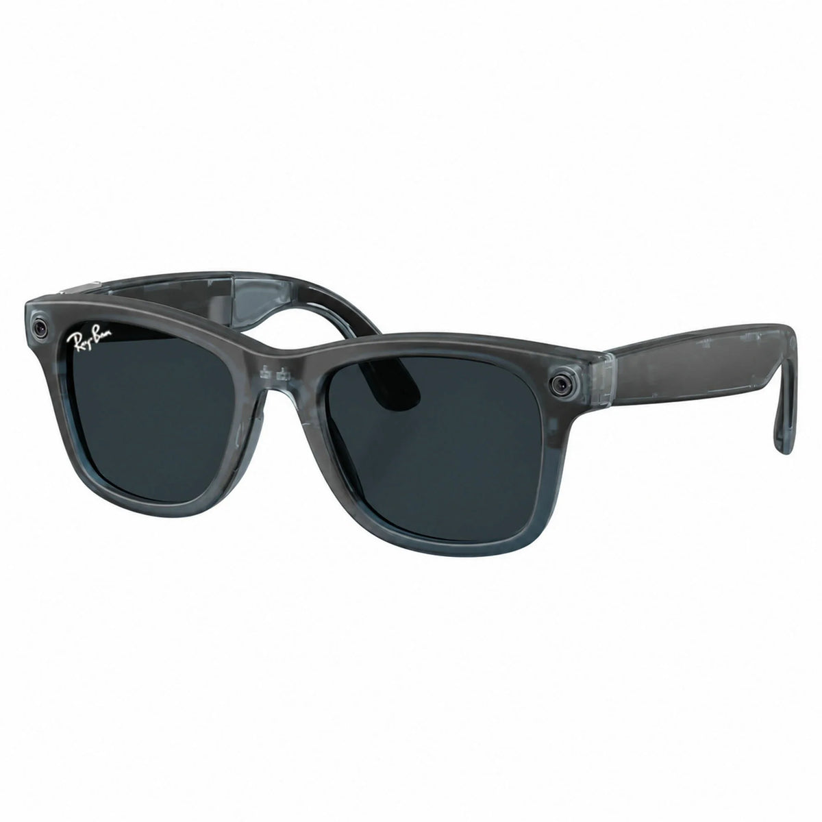 Ray-Ban Meta Wayfarer Gen 3 smart glasses, Transparent Matte Ocean Blue frame with Transitions® Grey lenses, three-quarter view, Ray-Ban lens logo