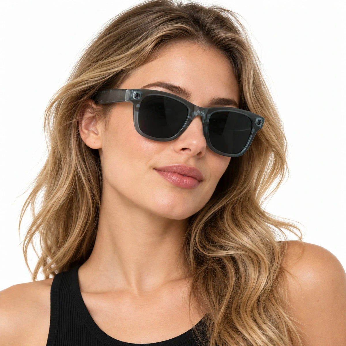 Ray-Ban Meta Wayfarer Gen 3 smart glasses, Transparent Matte Ocean Blue frame with Transitions® Grey lenses, worn on model