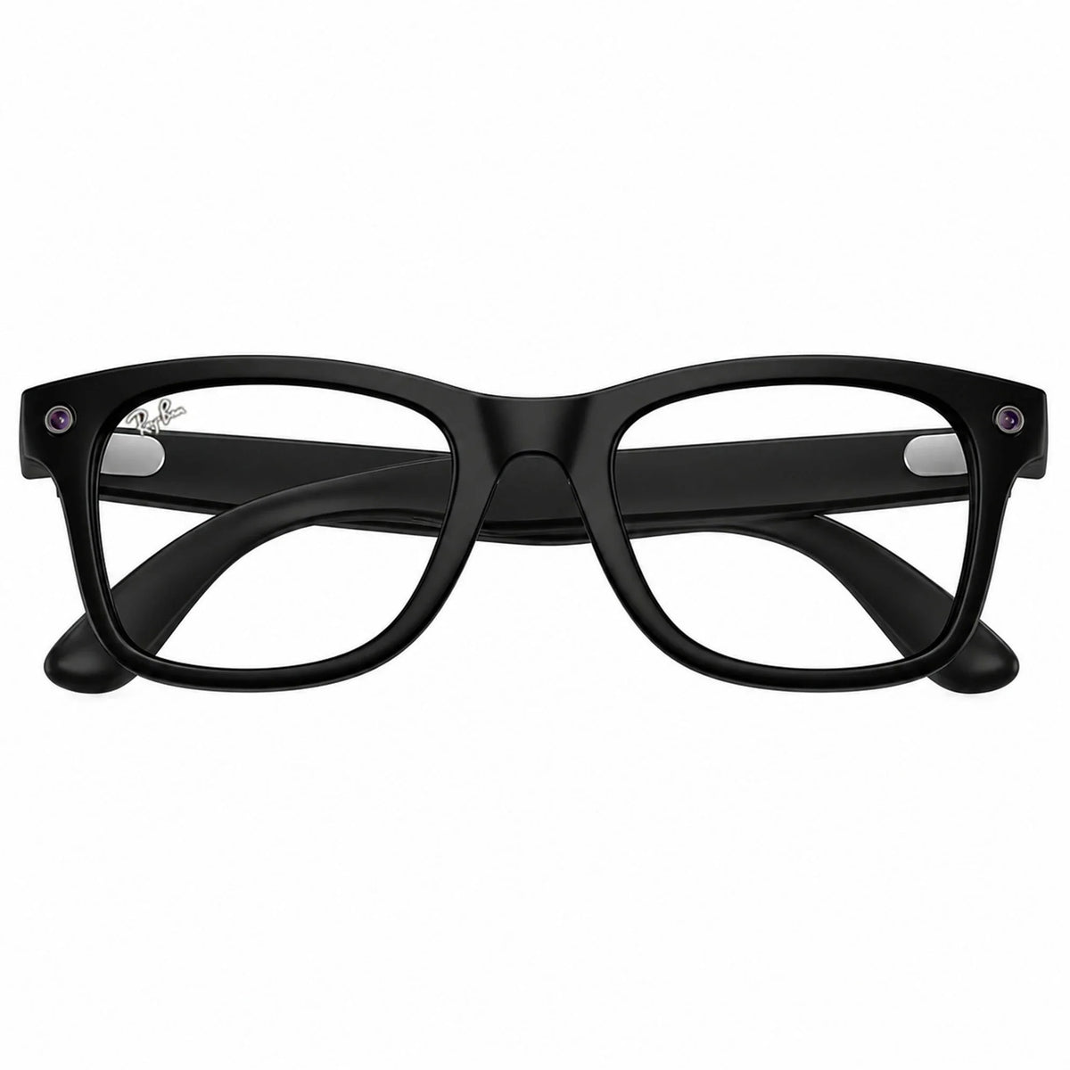 Ray-Ban Meta Wayfarer Gen 3 smart glasses, Matte Black frame with Clear lenses, folded front view, Ray-Ban lens logo