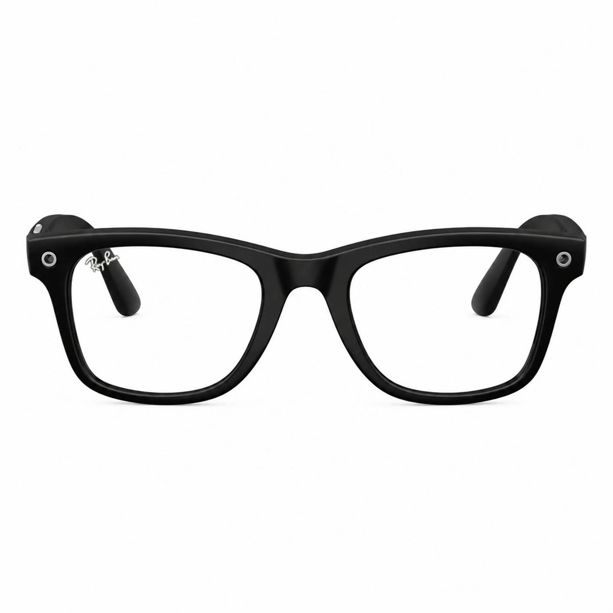 Ray-Ban Meta Wayfarer Gen 3 smart glasses, Matte Black frame with Clear lenses, front view, Ray-Ban lens logo