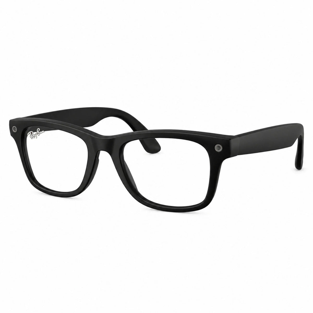 Ray-Ban Meta Wayfarer Gen 3 smart glasses, Matte Black frame with Clear lenses, three-quarter view, Ray-Ban lens logo