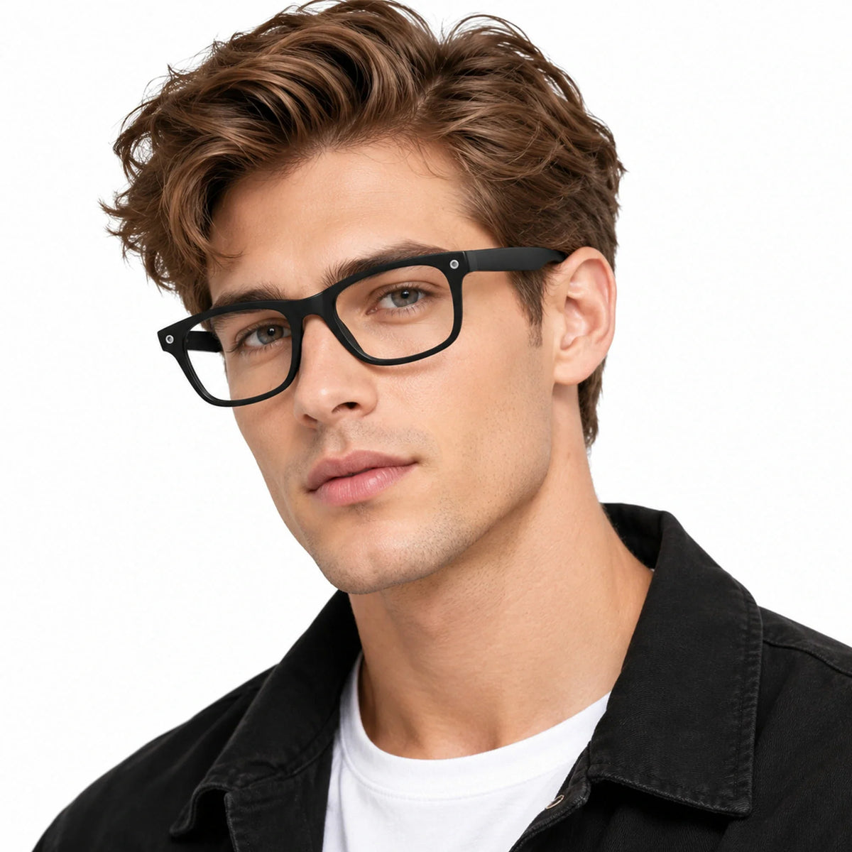 Ray-Ban Meta Wayfarer Gen 3 smart glasses, Matte Black frame with Clear lenses, worn on model
