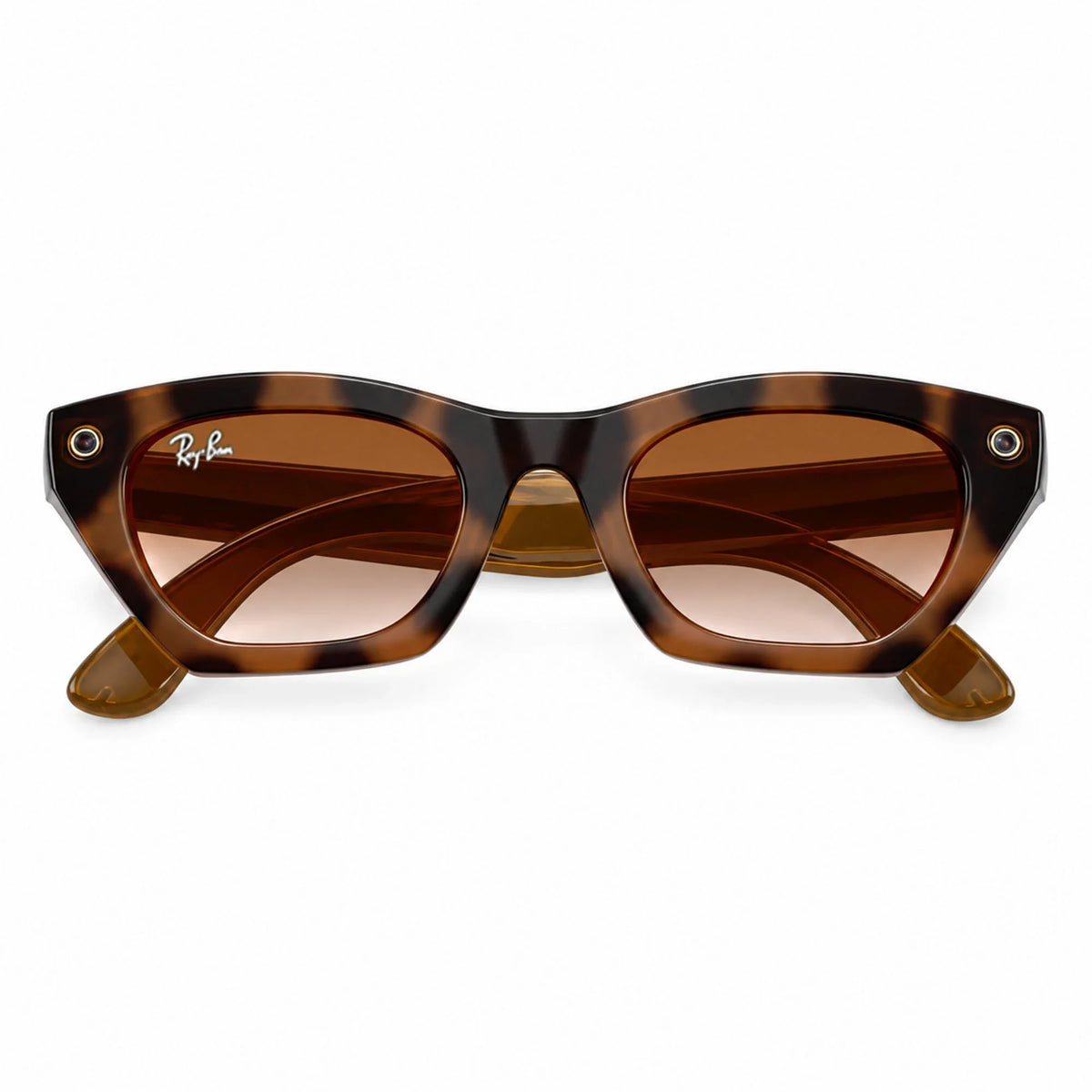 Ray-Ban Meta Zena Gen 3 smart glasses, Havana frame with Gradient Brown lenses, folded front view, Ray-Ban lens logo