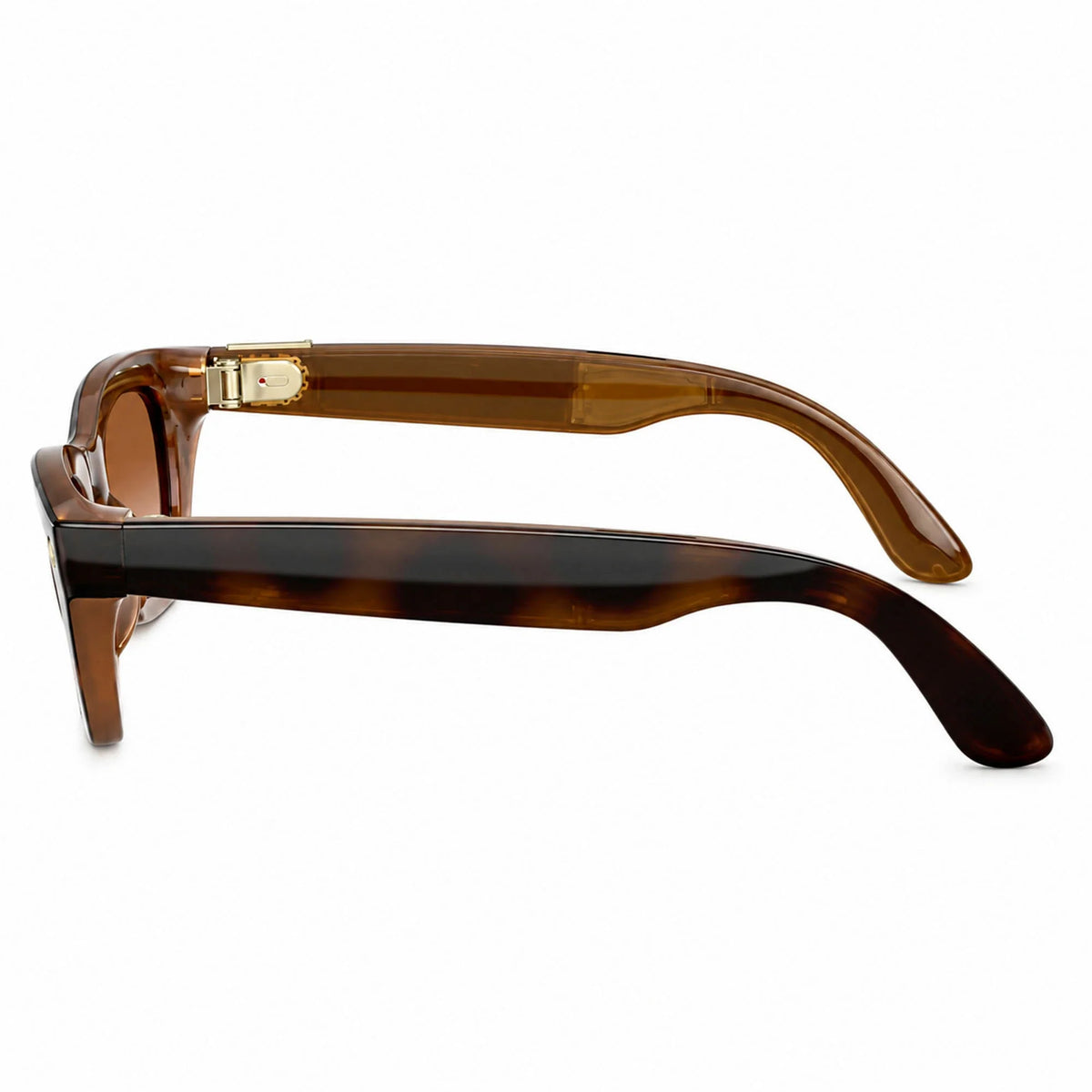 Ray-Ban Meta Zena Gen 3 smart glasses, Havana frame with Gradient Brown lenses, side profile, Ray-Ban lens logo