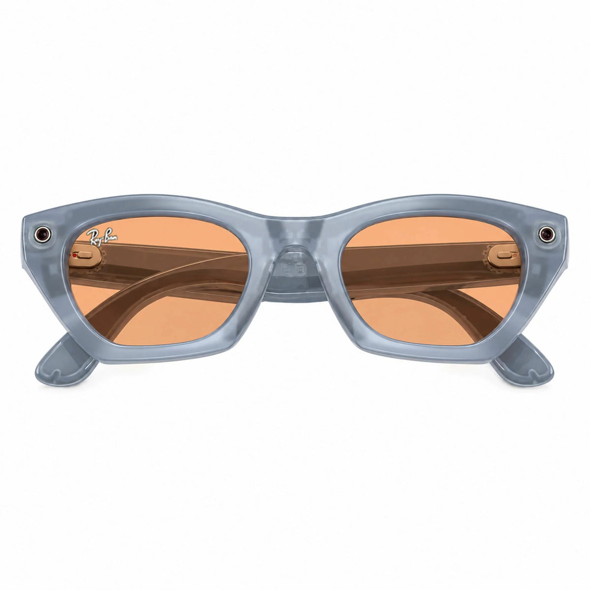 Ray-Ban Meta Zena Gen 3 smart glasses, Milky Grey Lilac frame with Transitions® Copper lenses, folded front view, Ray-Ban lens logo