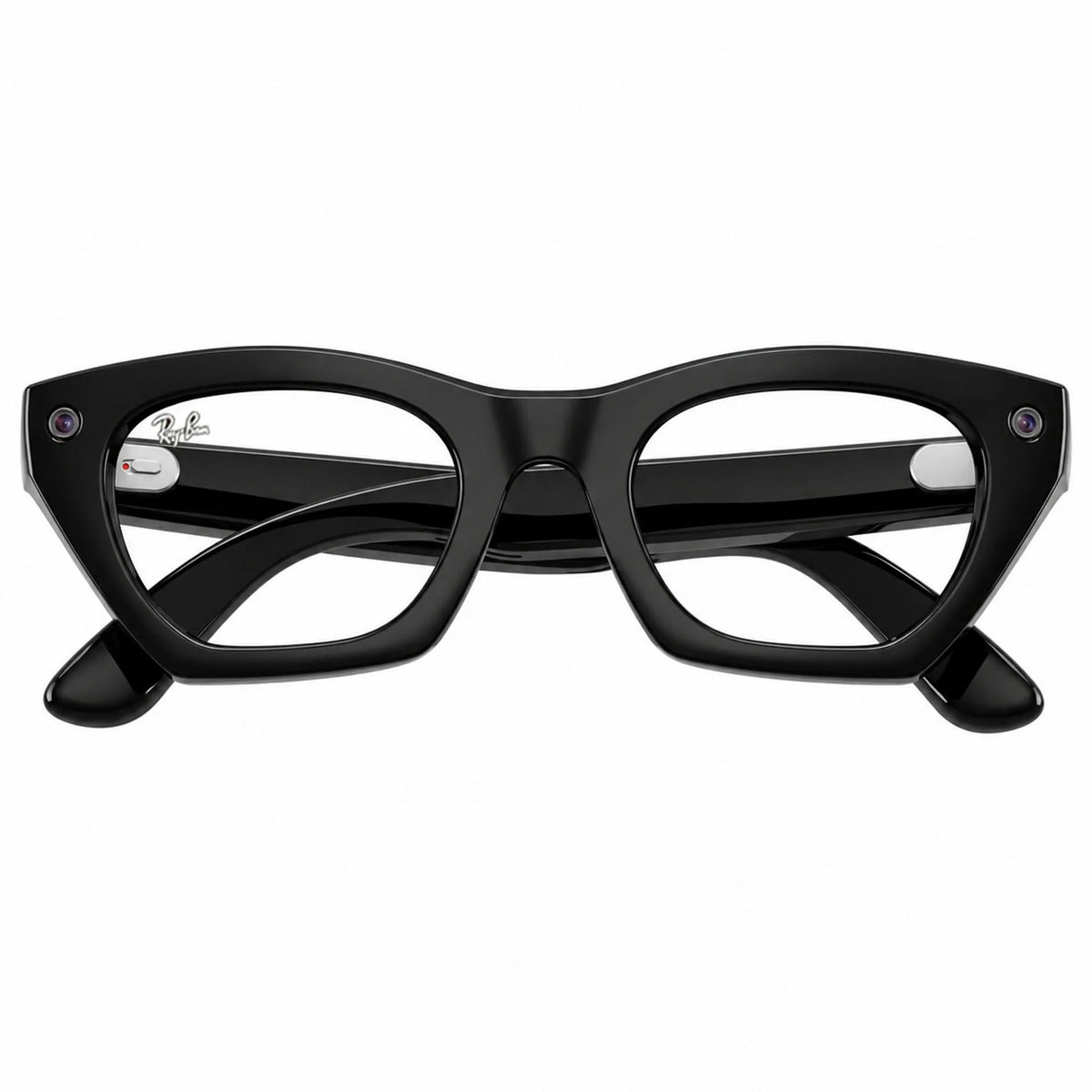Ray-Ban Meta Zena Gen 3 smart glasses, Shiny Black frame with Clear lenses, folded front view, Ray-Ban lens logo