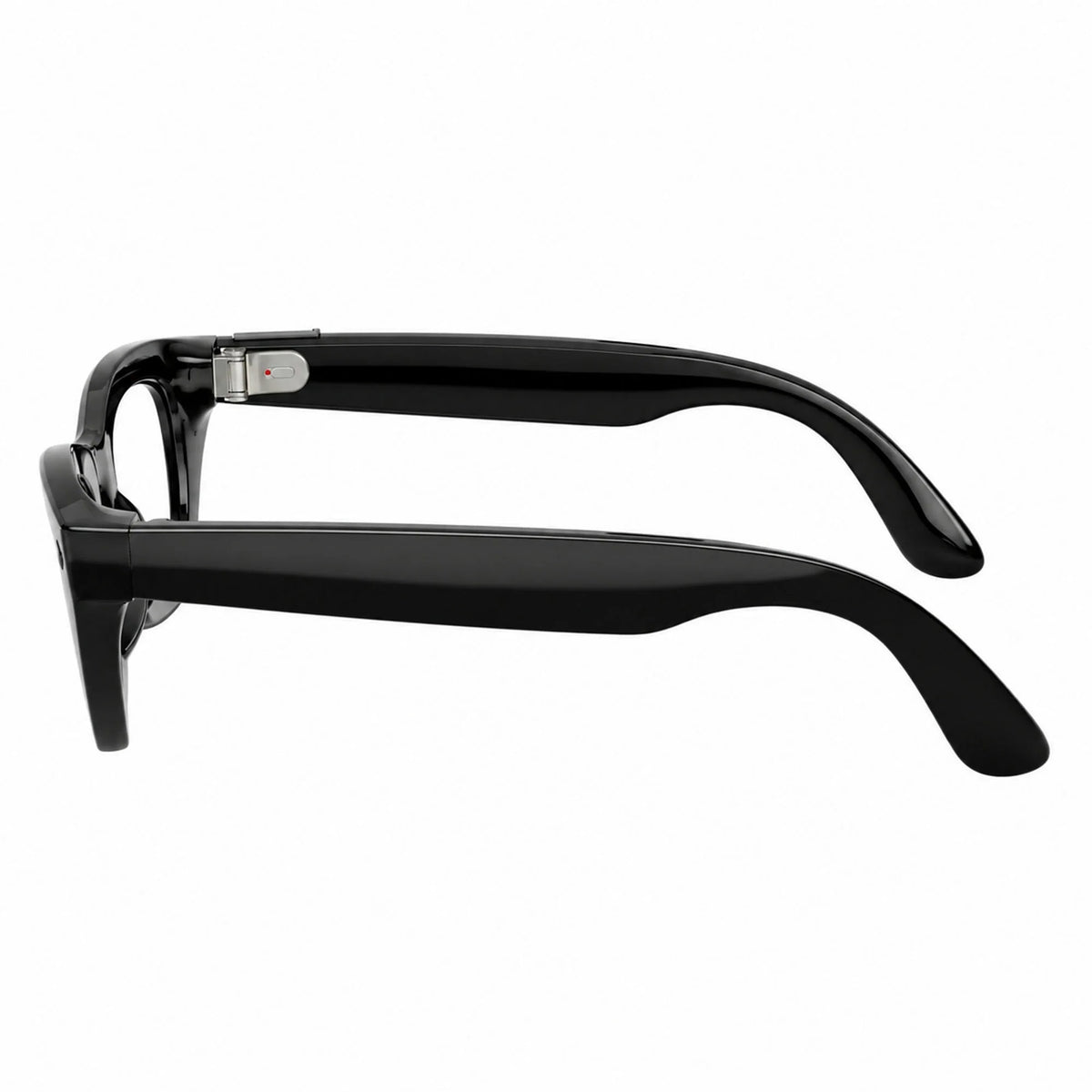 Ray-Ban Meta Zena Gen 3 smart glasses, Shiny Black frame with Clear lenses, side profile, Ray-Ban lens logo