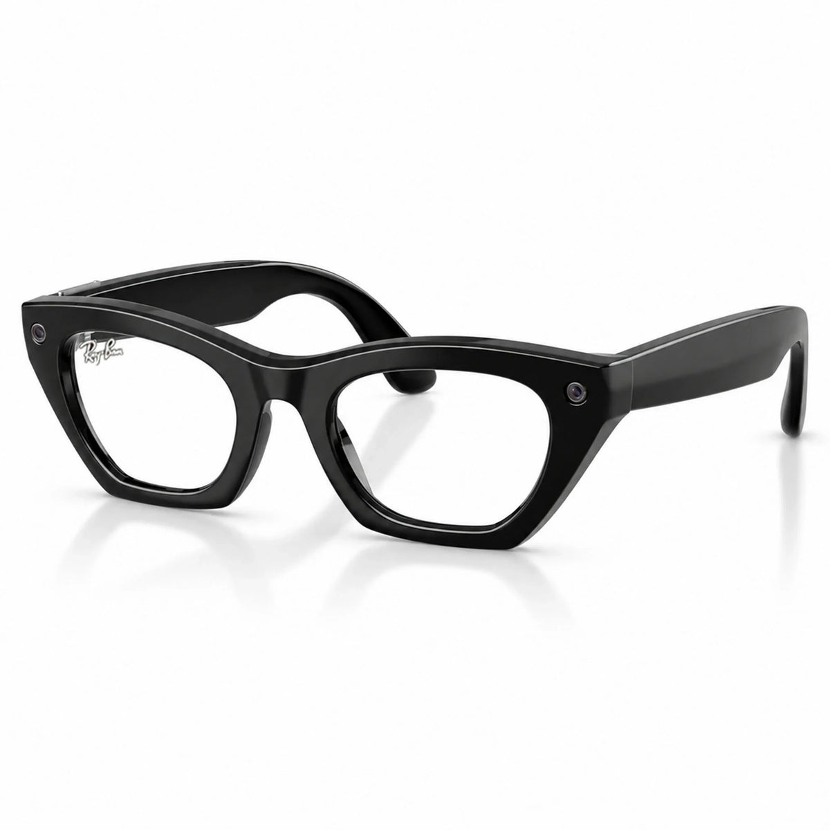 Ray-Ban Meta Zena Gen 3 smart glasses, Shiny Black frame with Clear lenses, three-quarter view, Ray-Ban lens logo