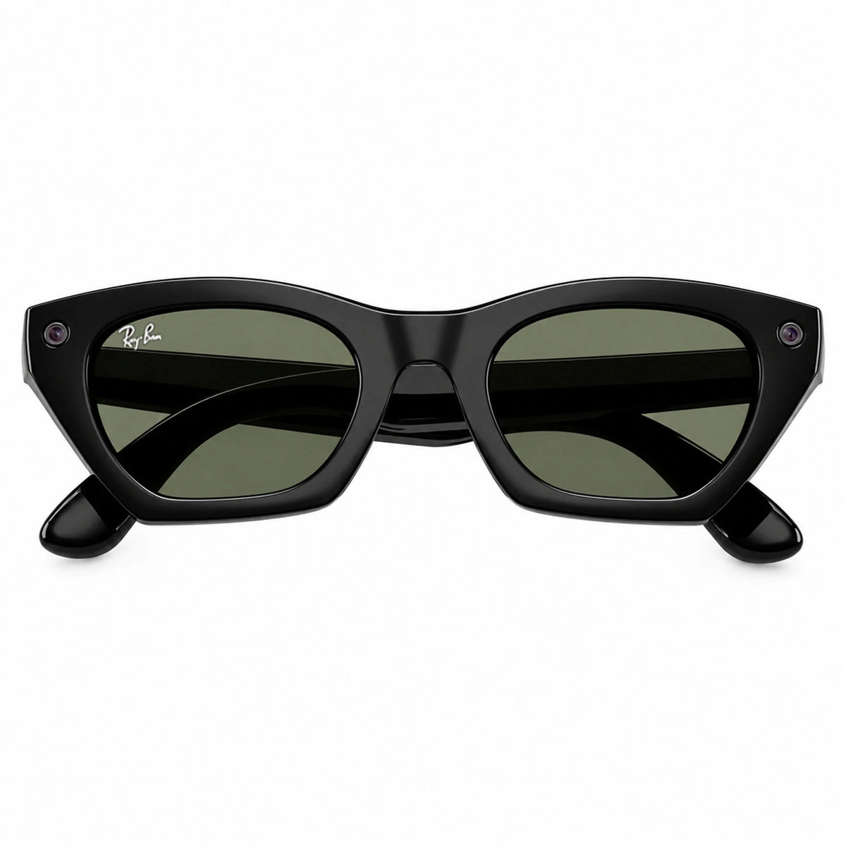 Ray-Ban Meta Zena Gen 3 smart glasses, Shiny Black frame with Green lenses, folded front view, Ray-Ban lens logo