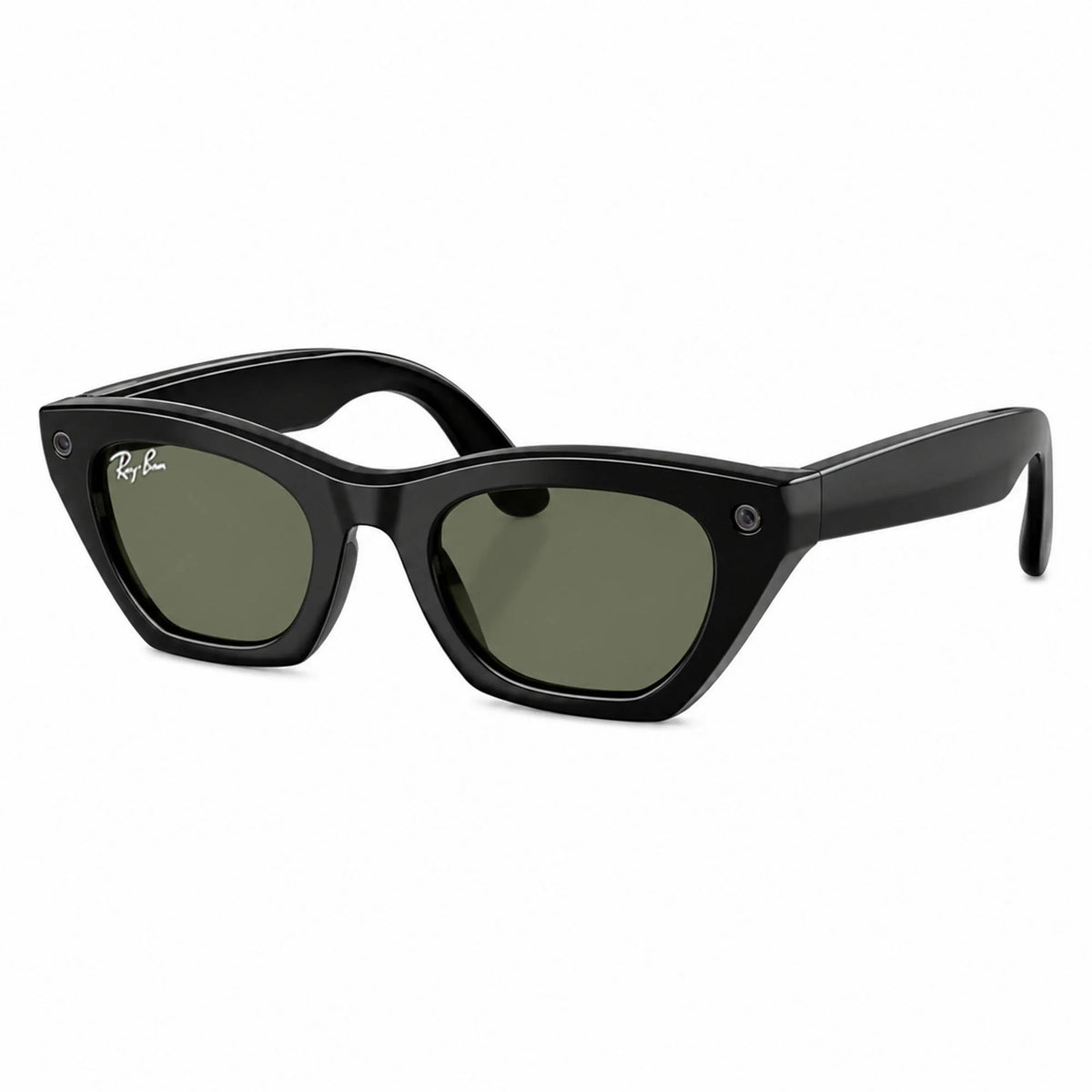 Ray-Ban Meta Zena Gen 3 smart glasses, Shiny Black frame with Green lenses, three-quarter view, Ray-Ban lens logo
