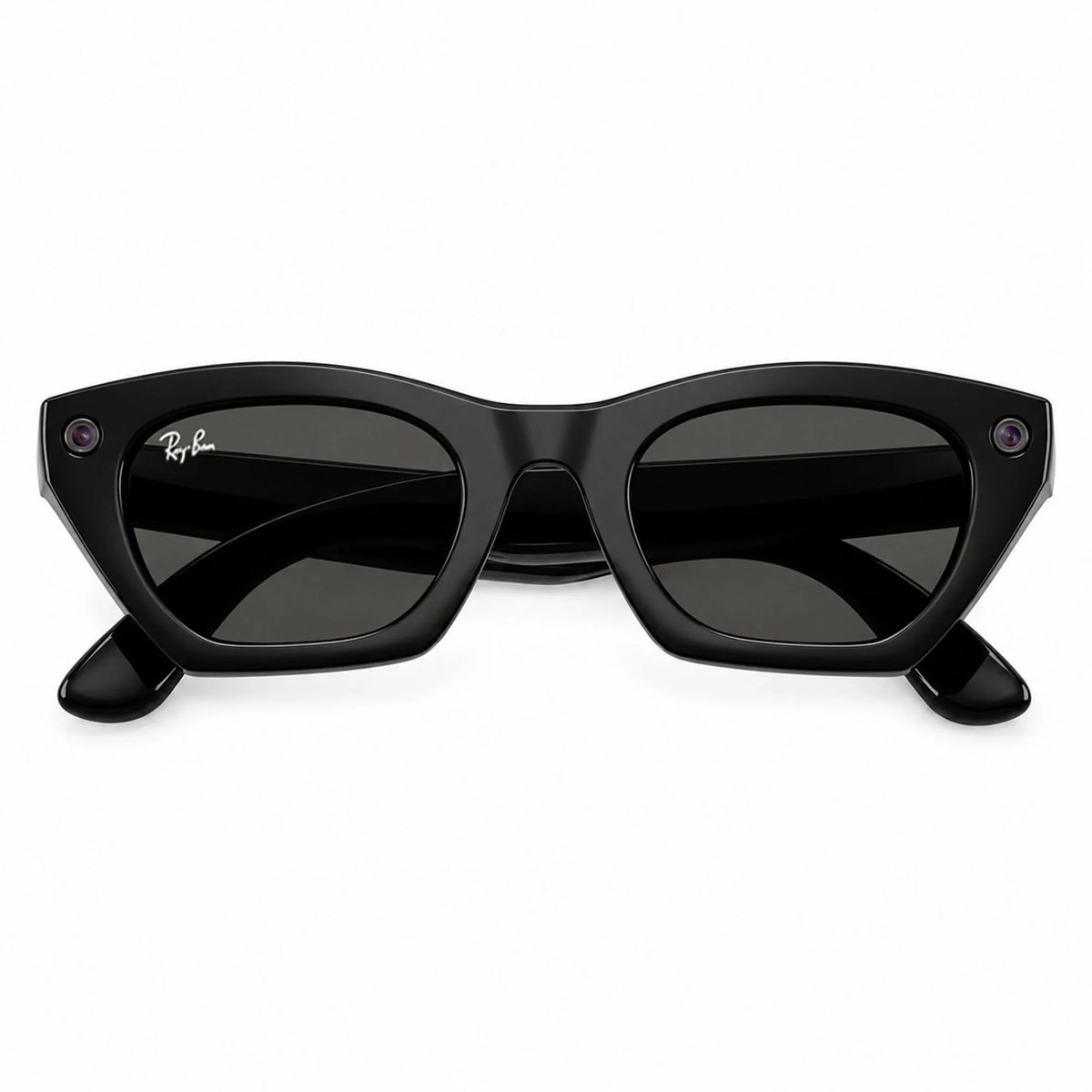 Ray-Ban Meta Zena Gen 3 smart glasses, Shiny Black frame with Grey lenses, folded front view, Ray-Ban lens logo