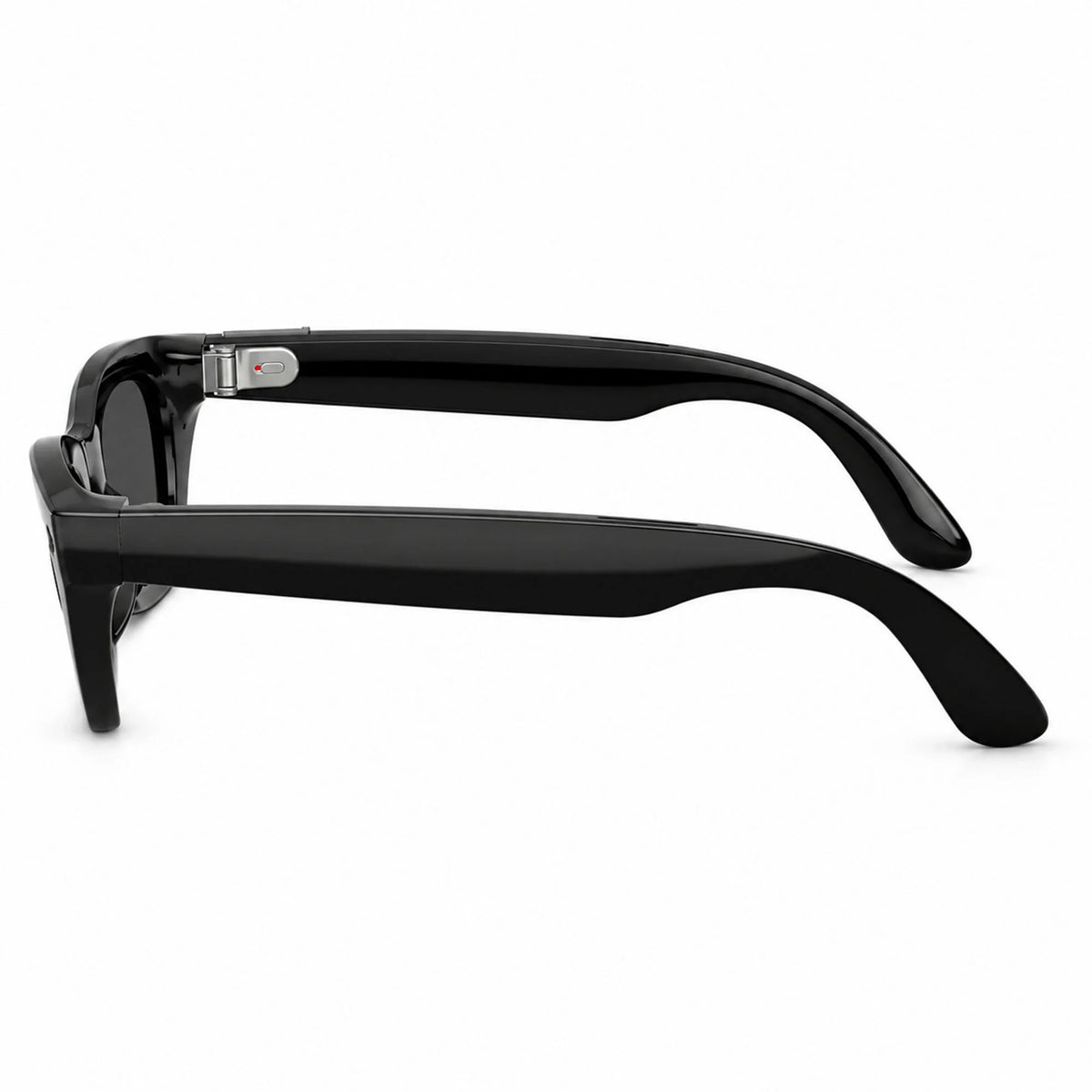 Ray-Ban Meta Zena Gen 3 smart glasses, Shiny Black frame with Grey lenses, side profile, Ray-Ban lens logo