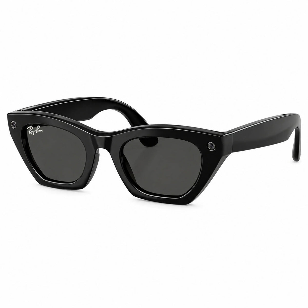 Ray-Ban Meta Zena Gen 3 smart glasses, Shiny Black frame with Grey lenses, three-quarter view, Ray-Ban lens logo